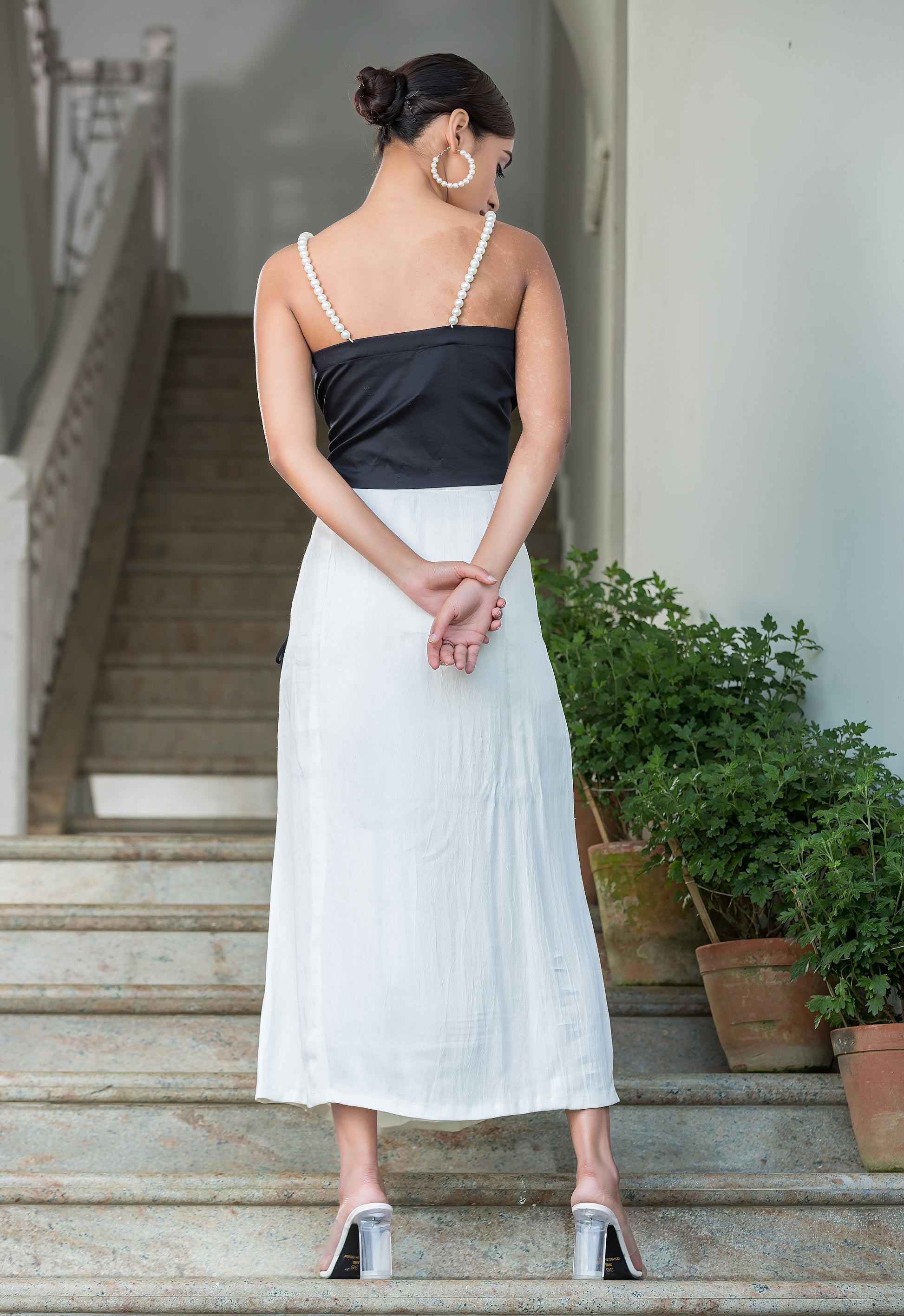 Black Pearl Top with White Midi Skirt