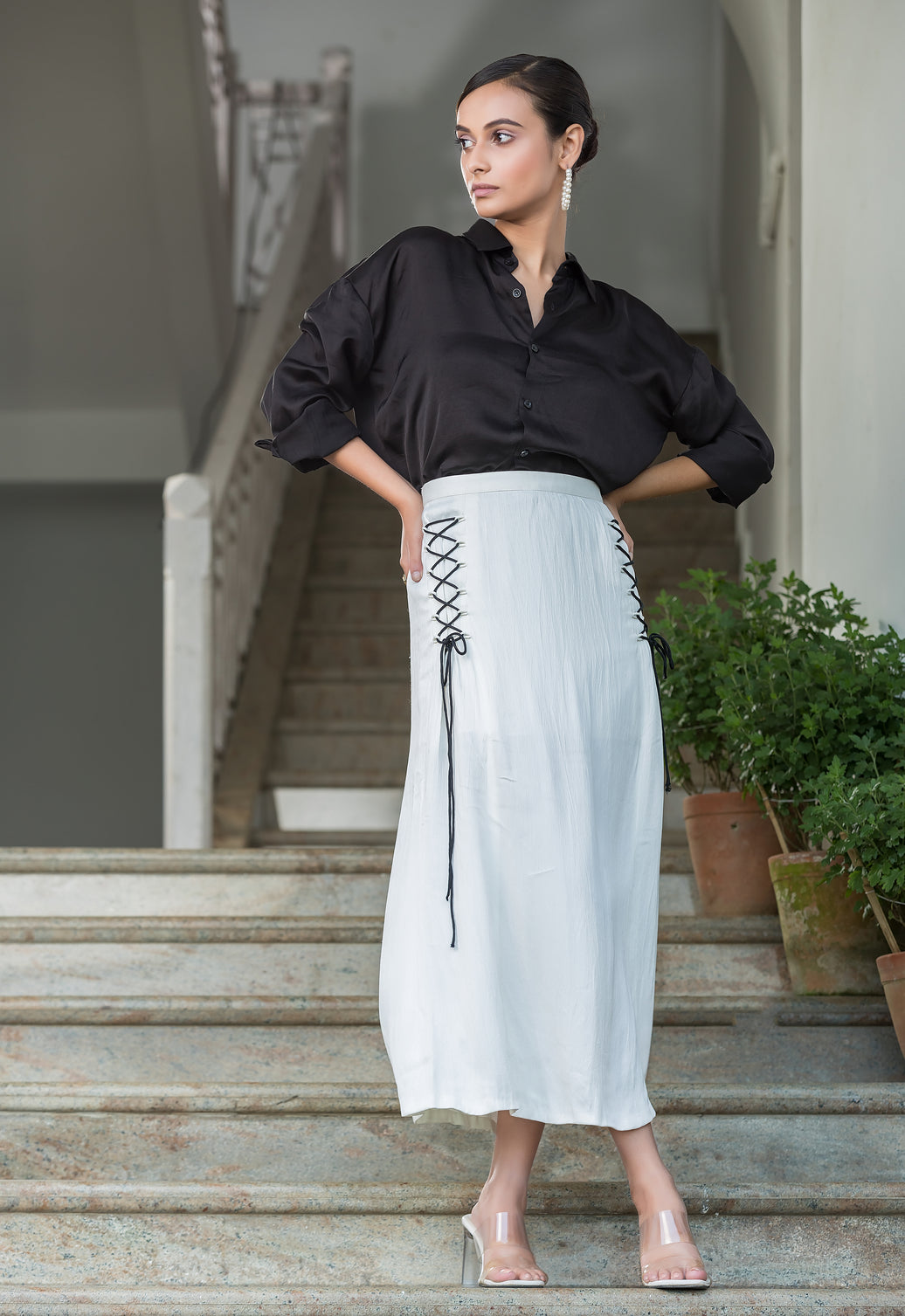 Black Modal Shirt with White Midi Skirt