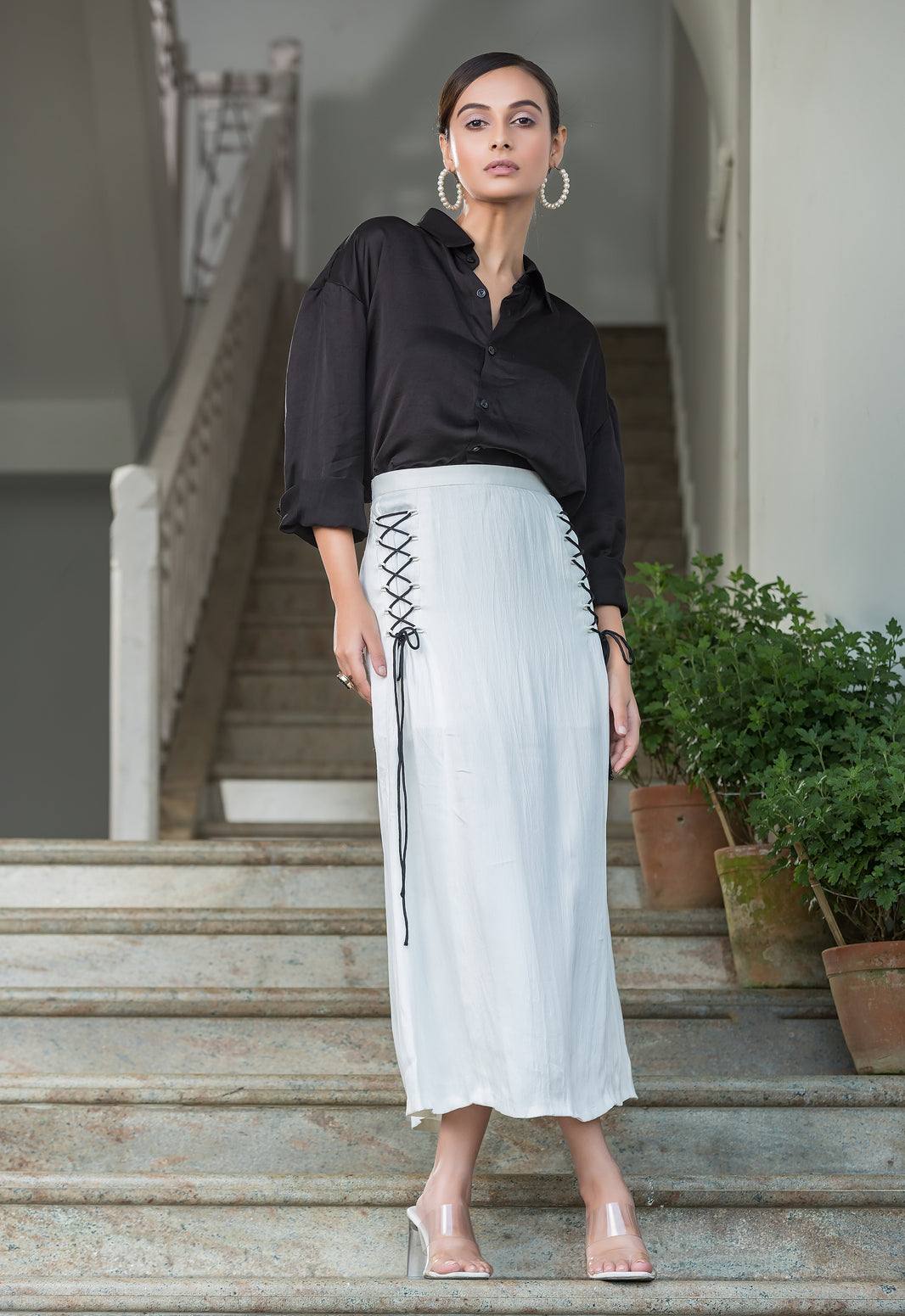 Black Modal Shirt with White Midi Skirt