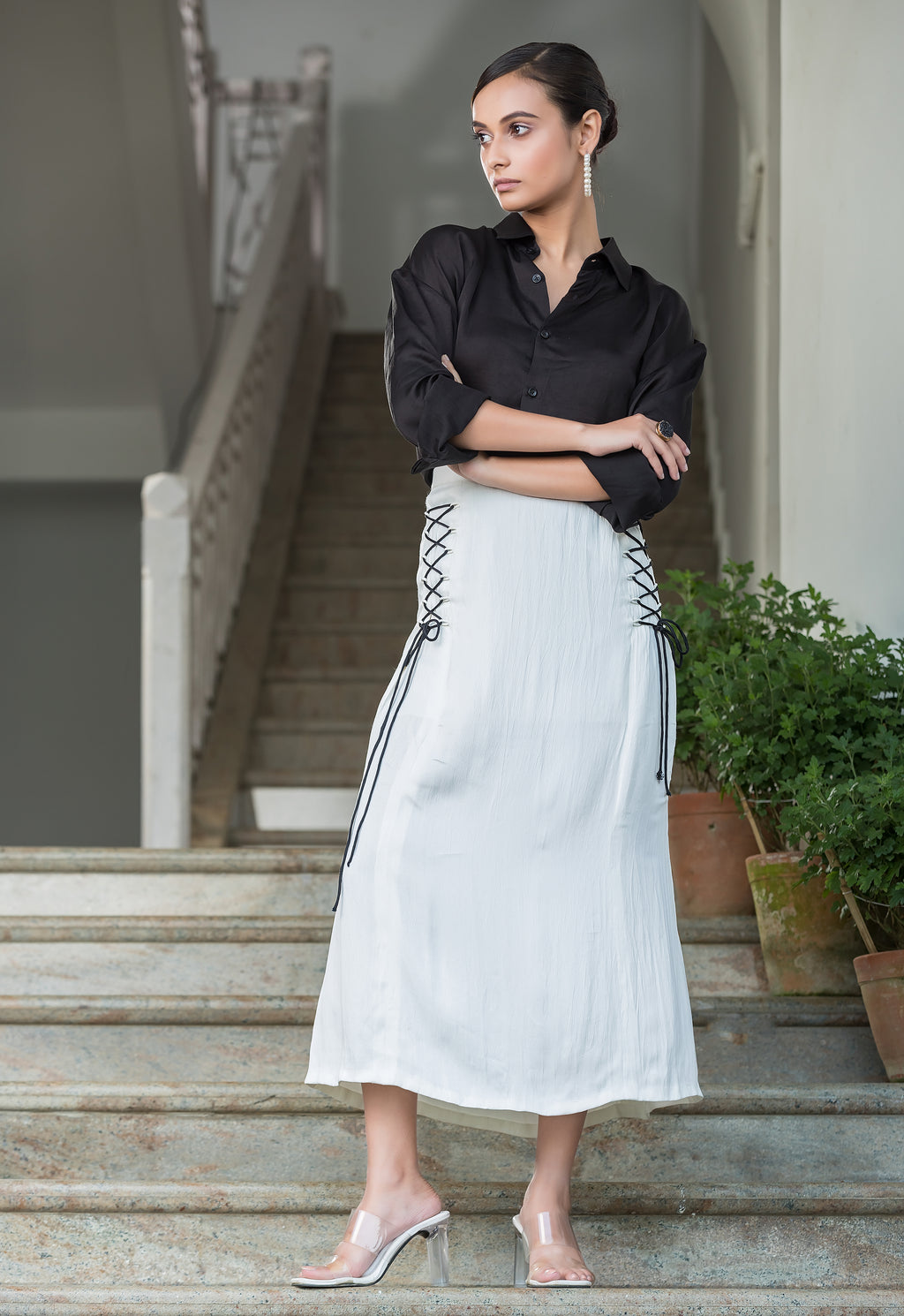 Black Modal Shirt with White Midi Skirt