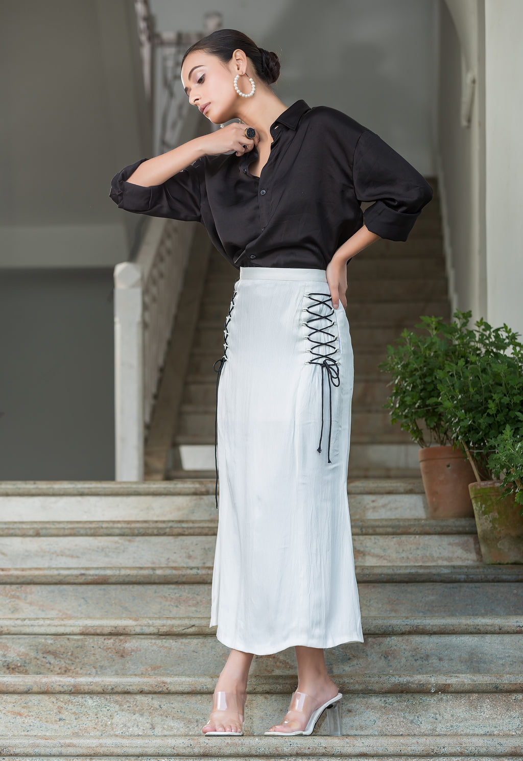 Black Modal Shirt with White Midi Skirt