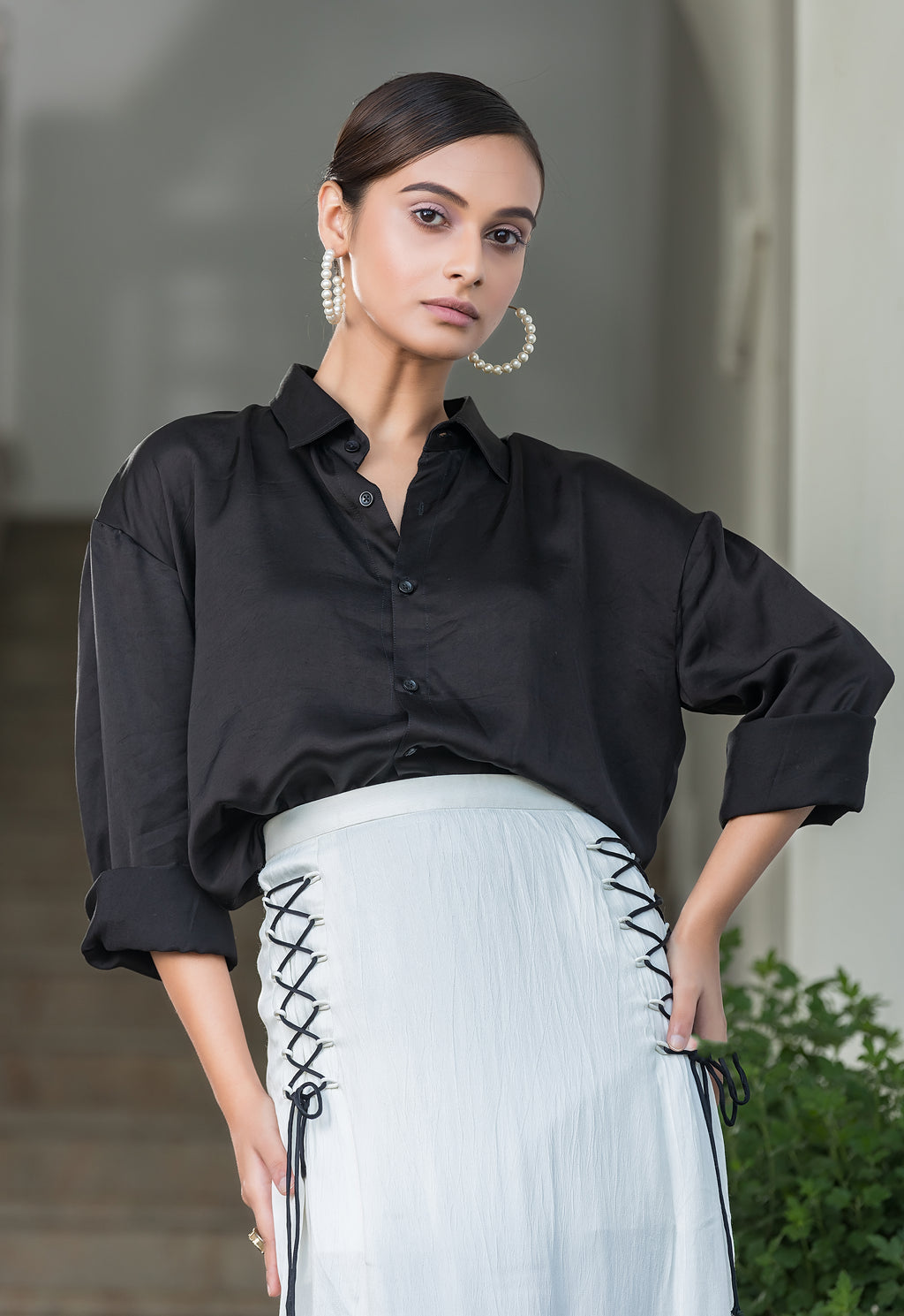 Black Modal Shirt with White Midi Skirt