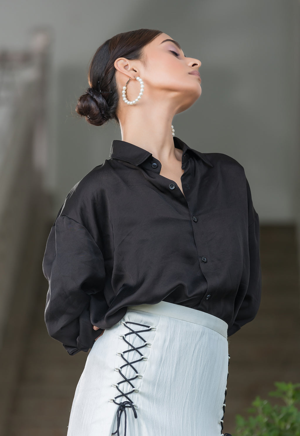 Black Modal Shirt with White Midi Skirt