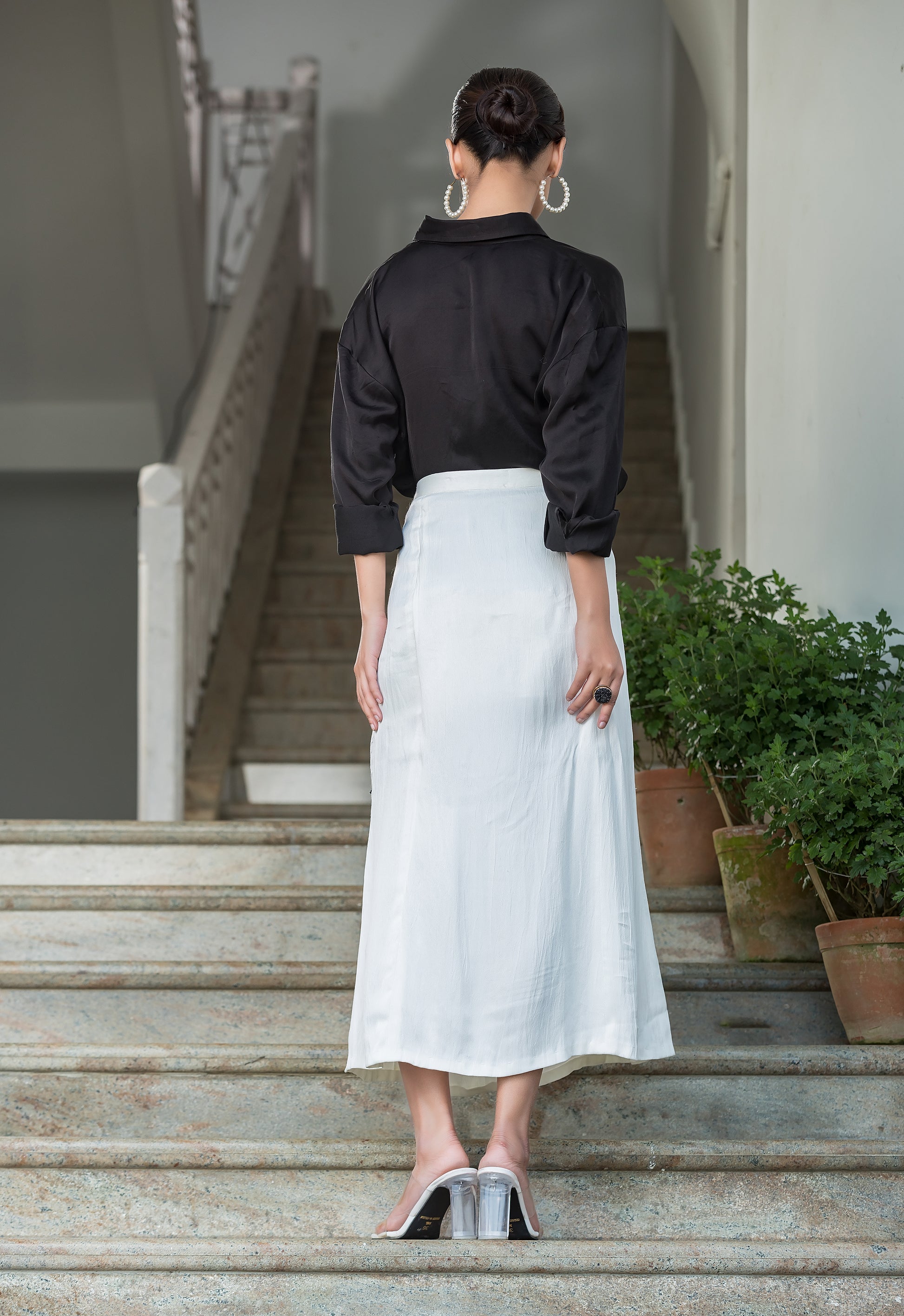 Black Modal Shirt with White Midi Skirt