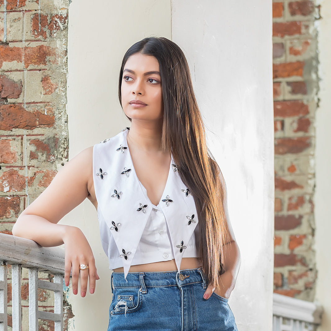 White Stud Elongated Collar Top