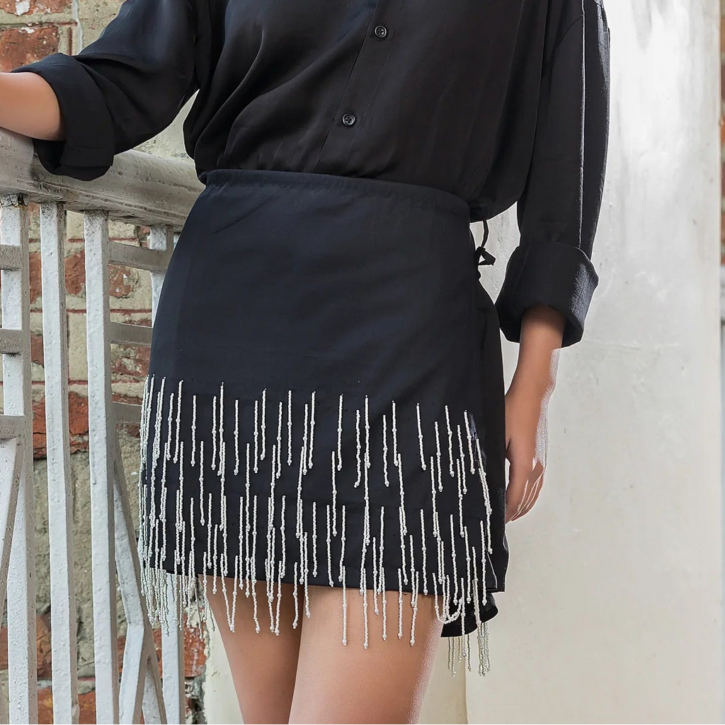 Black Modal Wrap Pearl Skirt