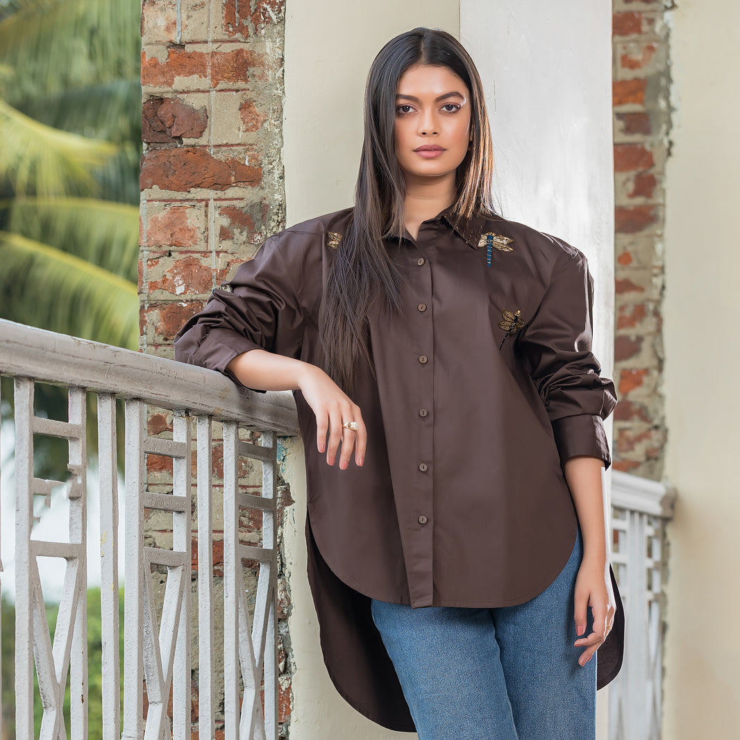 Brown Dragon Fly Embellished Shirt