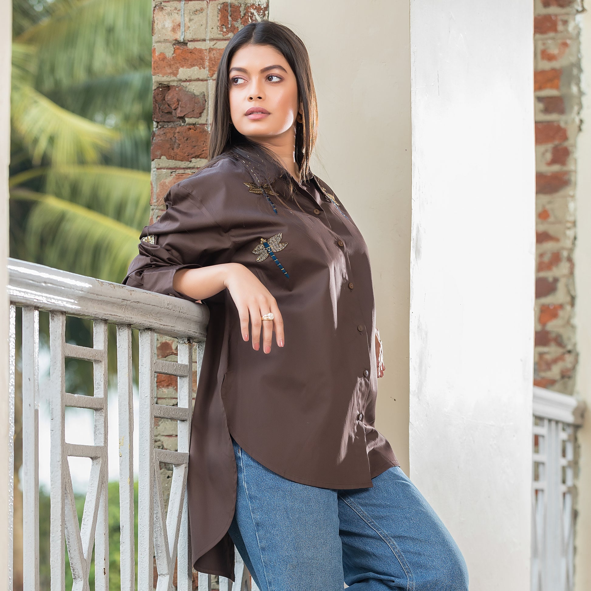 Brown Dragon Fly Embellished Shirt