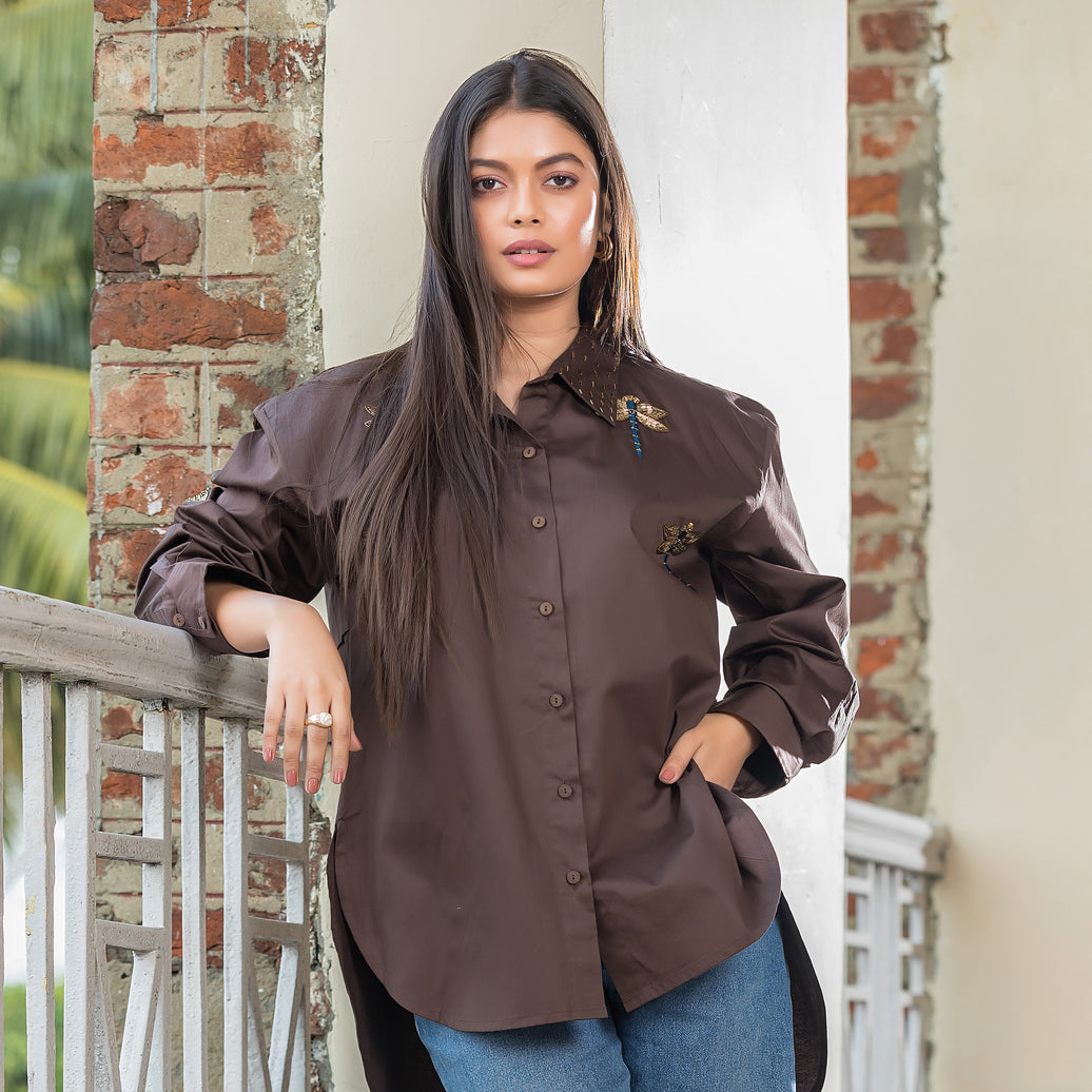 Brown Dragon Fly Embellished Shirt