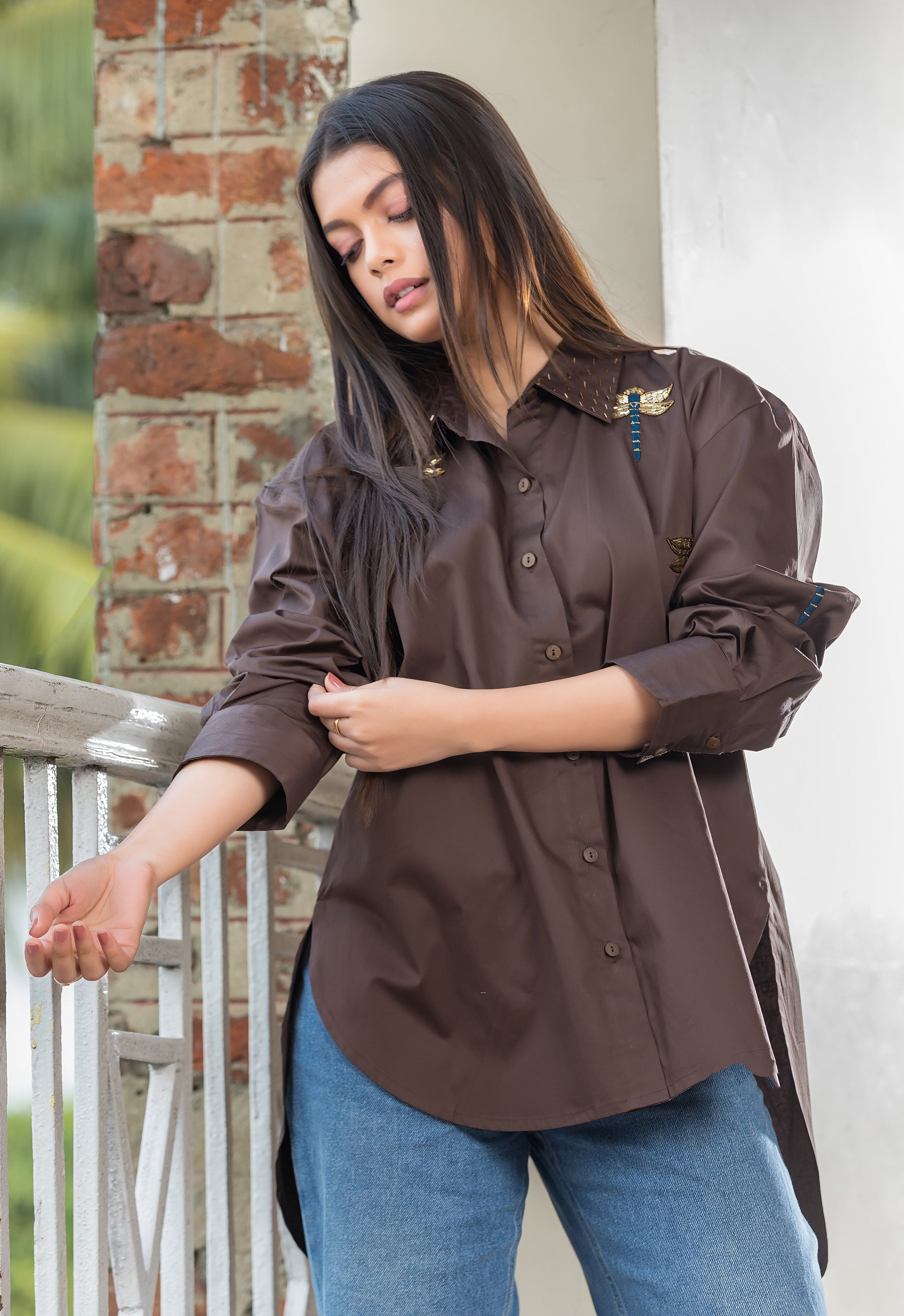 Brown Dragon Fly Embellished Shirt