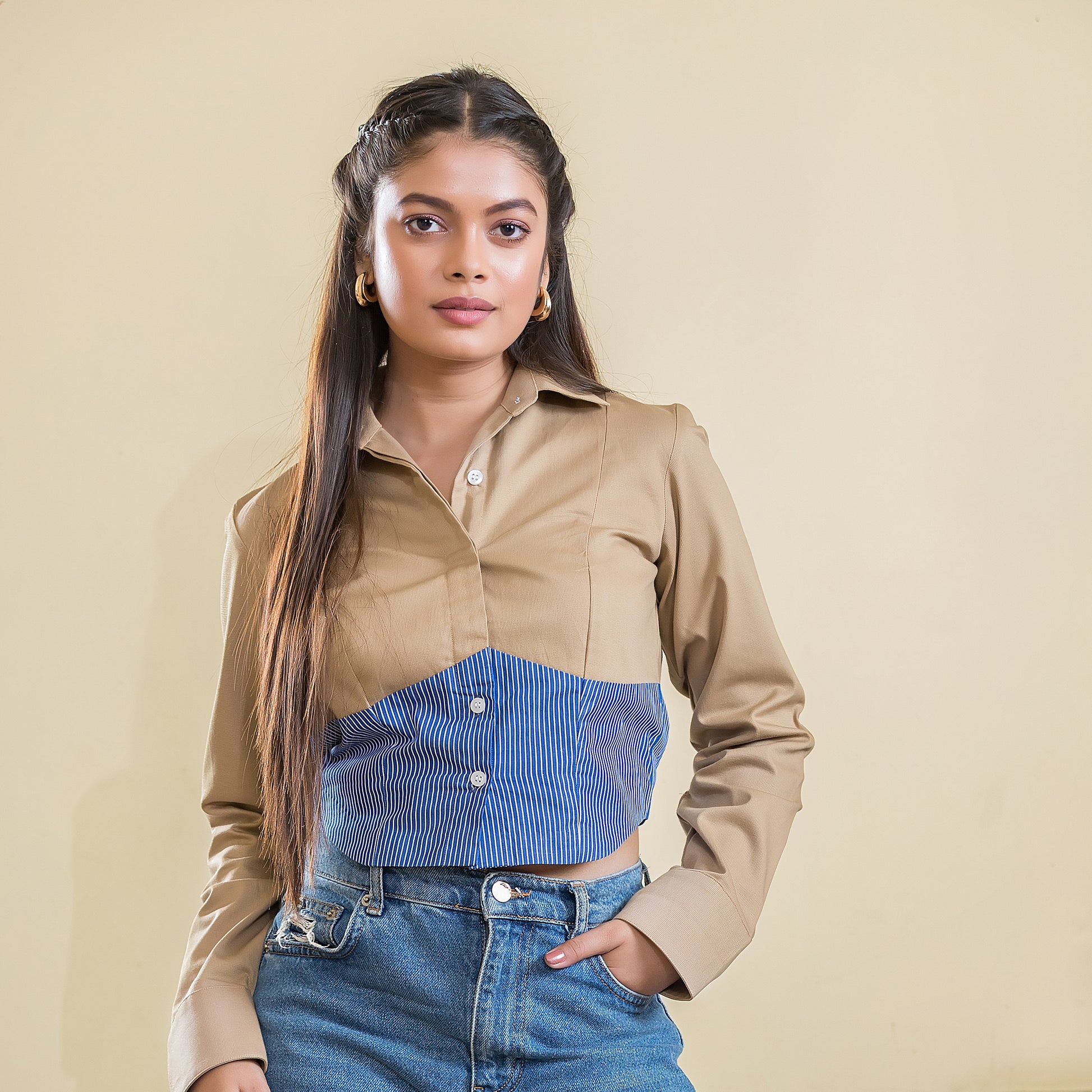 Two Tone Shirt - Beige & Stripes