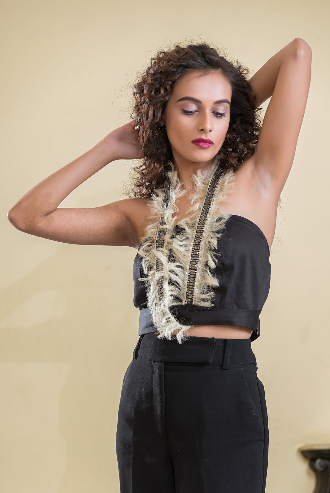 Black Halter Feather Lace Top