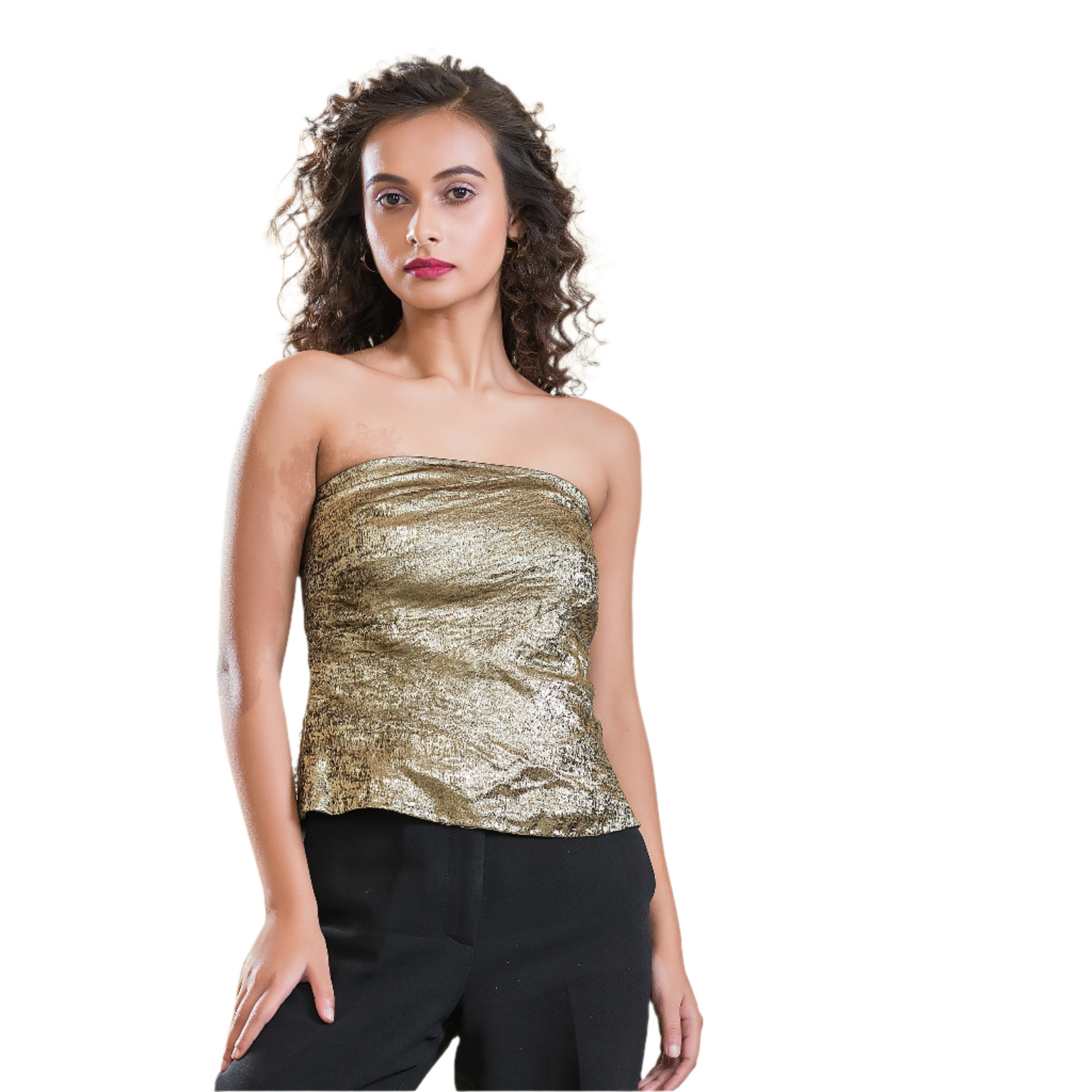 A woman wearing a fitted, front-plated tube top in gold, with a sleek side zip closure.