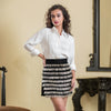 White Shirt with Black Velvet Pipe Skirt