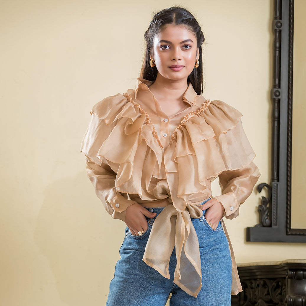 Peach Frill Organza Tie On Jacket