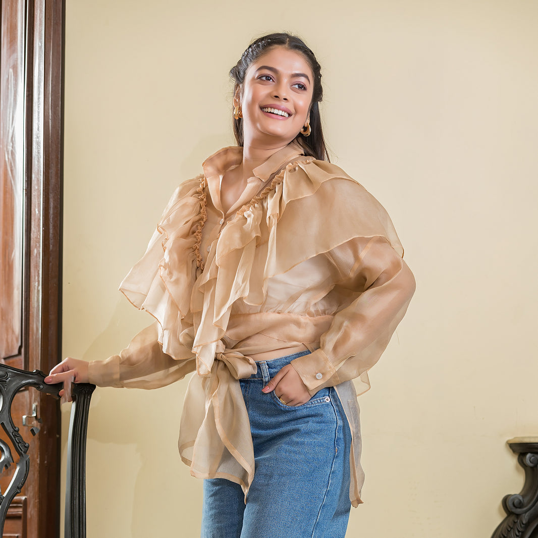 Peach Frill Organza Tie On Jacket