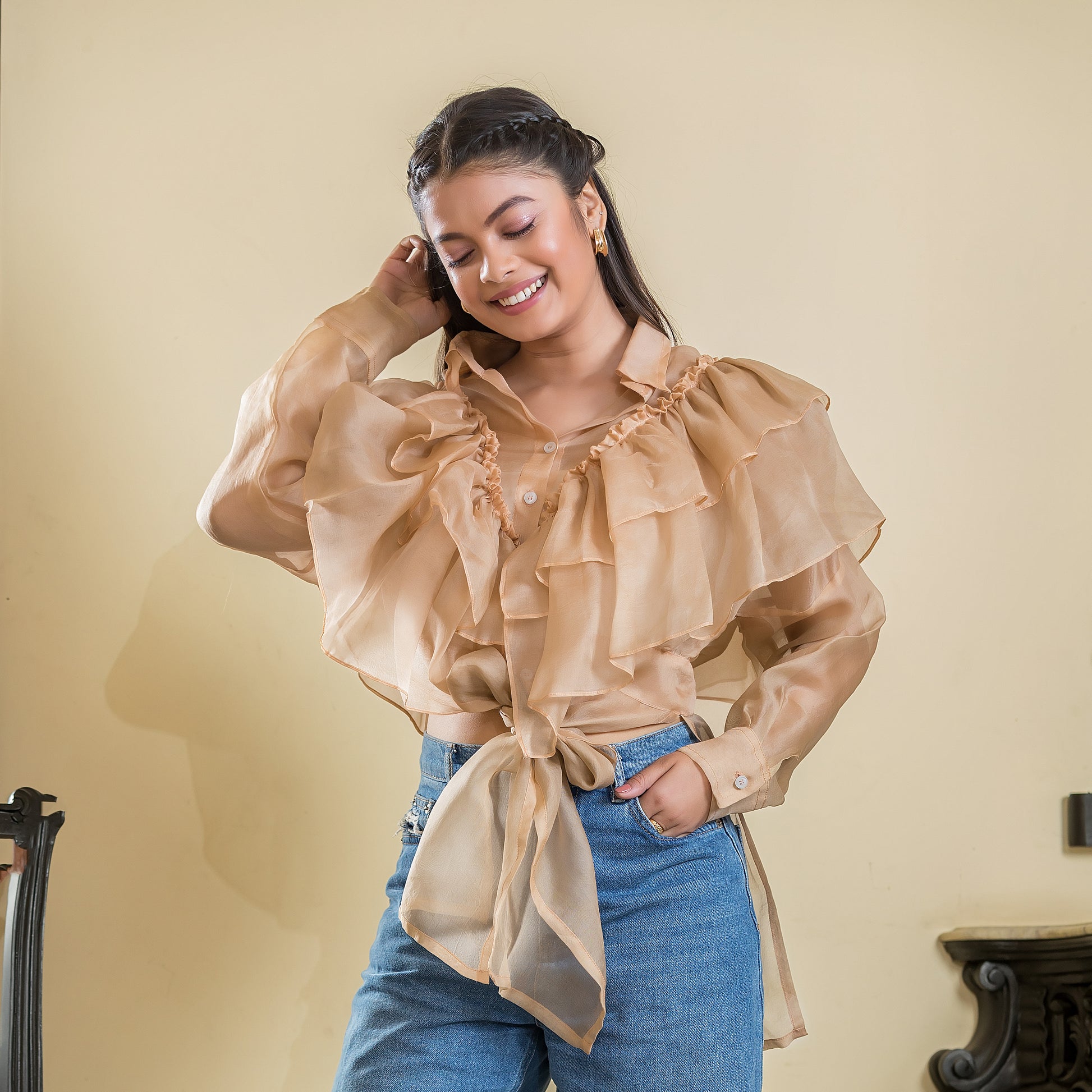 Peach Frill Organza Tie On Jacket