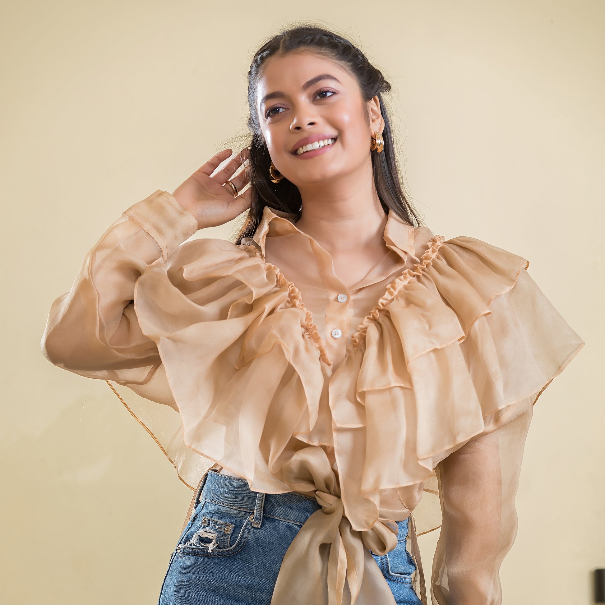 Peach Frill Organza Tie On Jacket