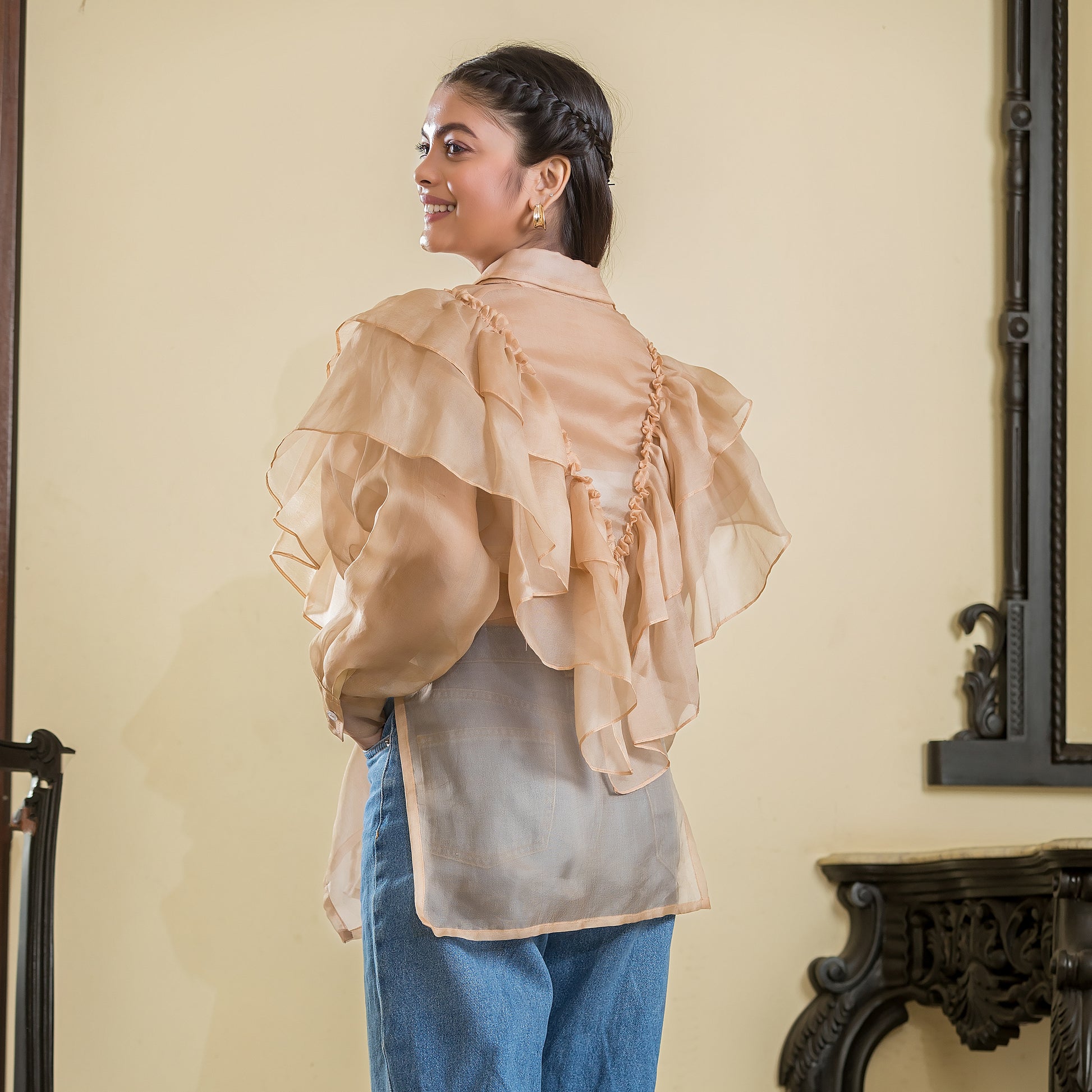 Peach Frill Organza Tie On Jacket