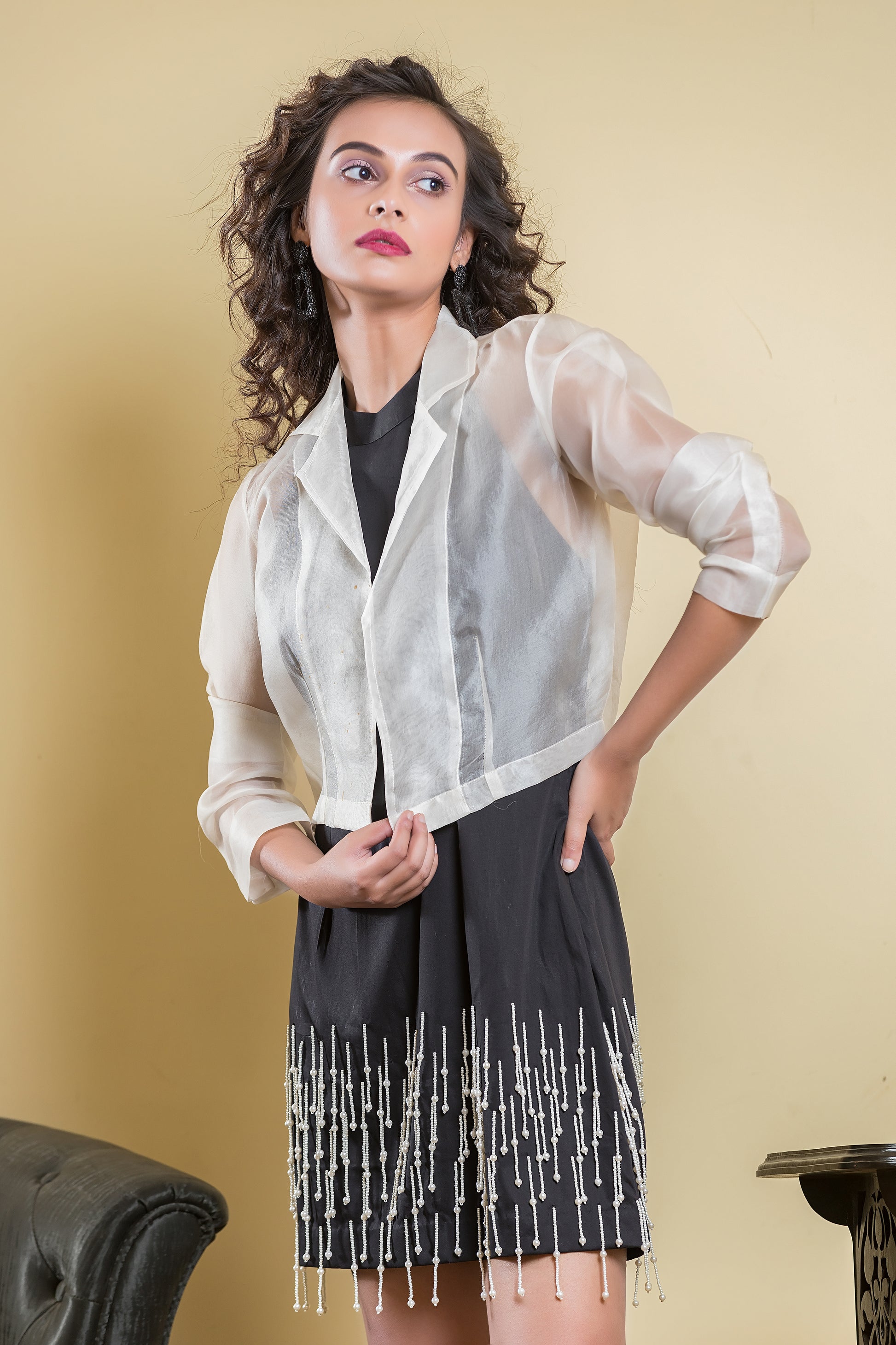 Black Halter Pearl Dress with Organza Jacket