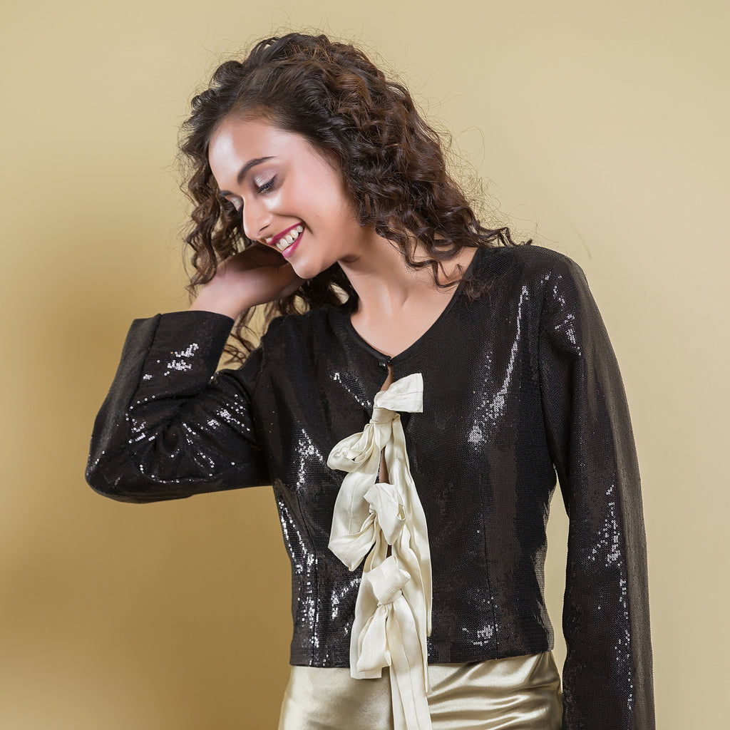 Black Sequence Bow Top