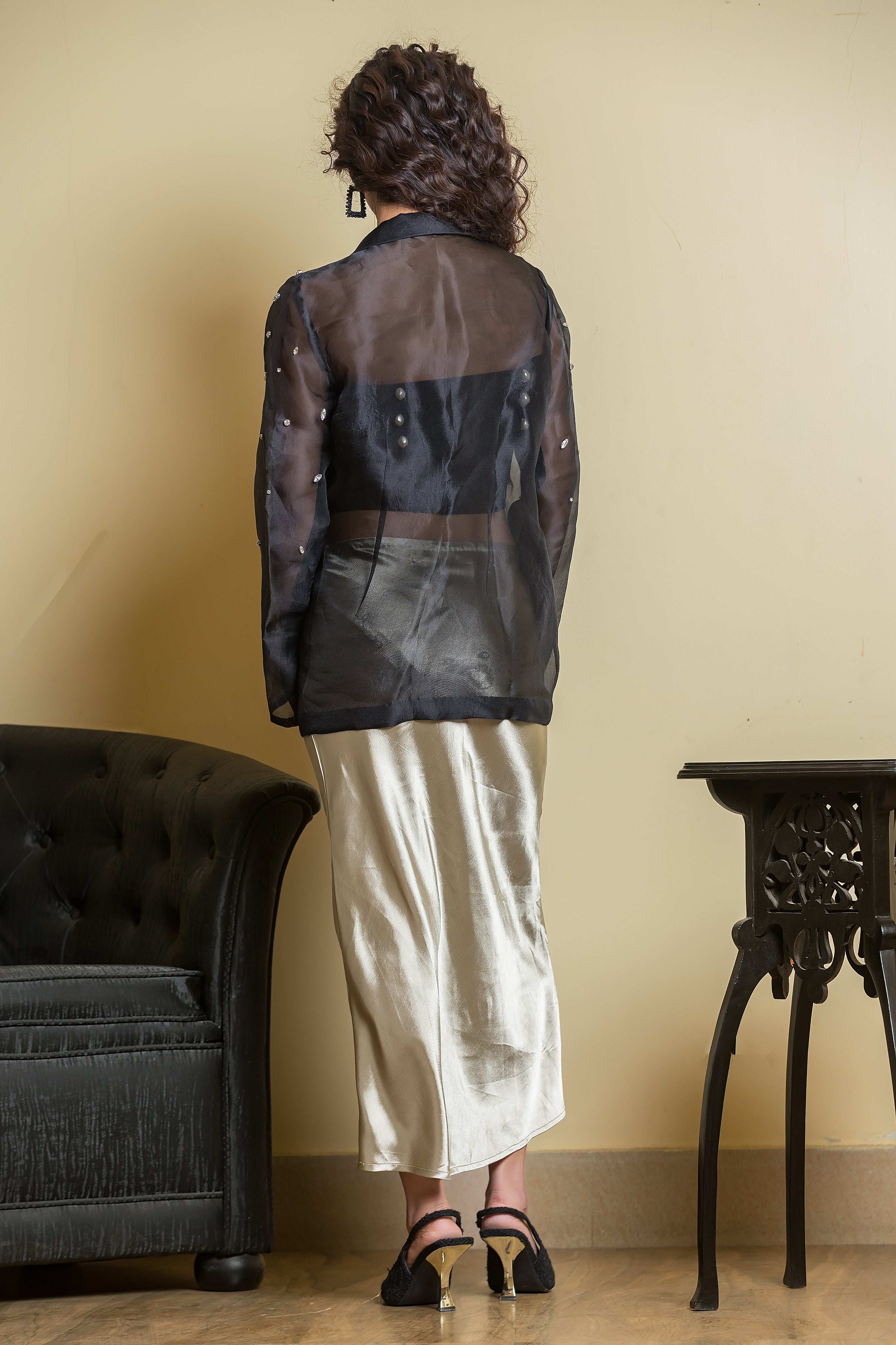 Black Organza Stud Jacket with Satin Midi Skirt