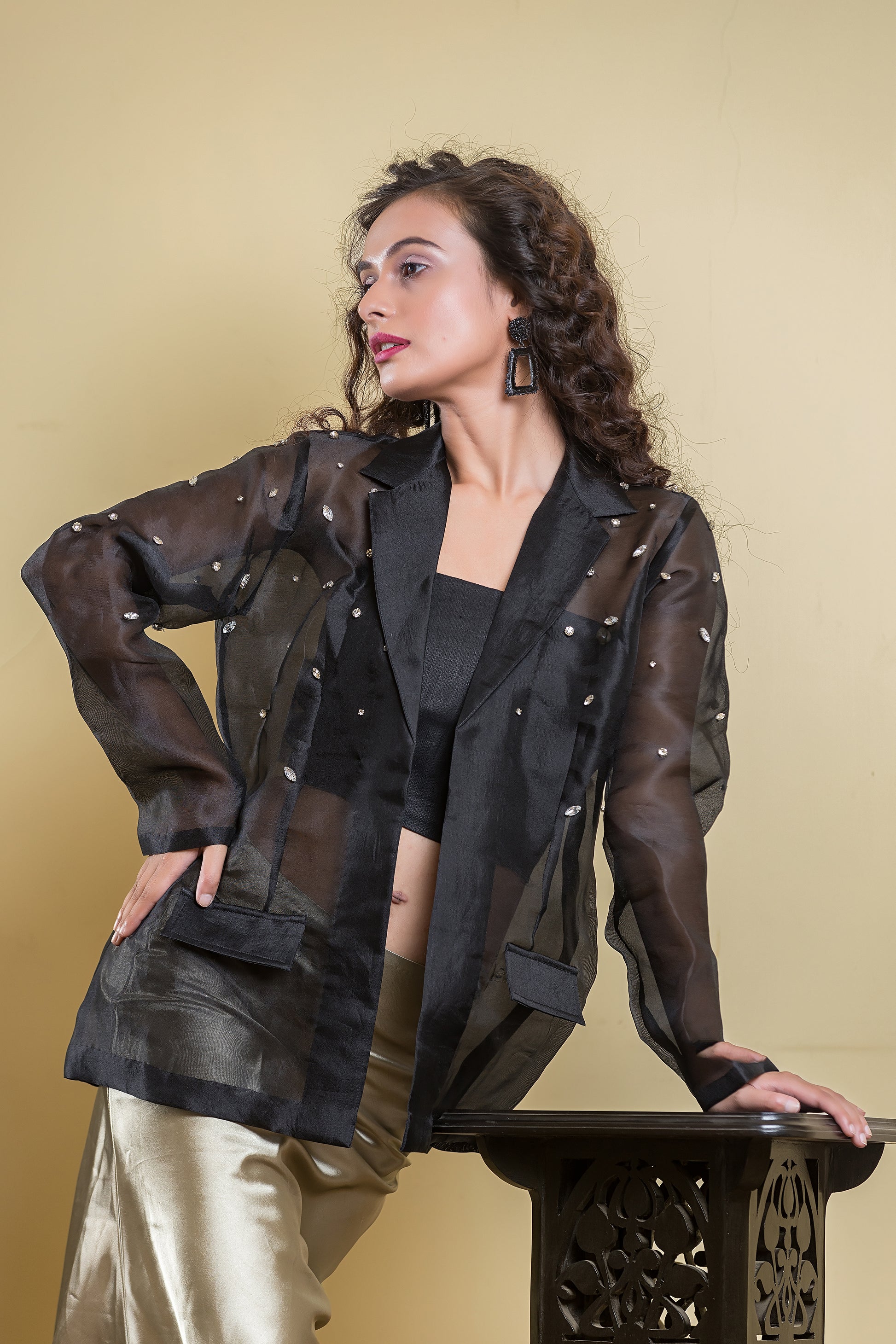 Black Organza Stud Jacket with Satin Midi Skirt