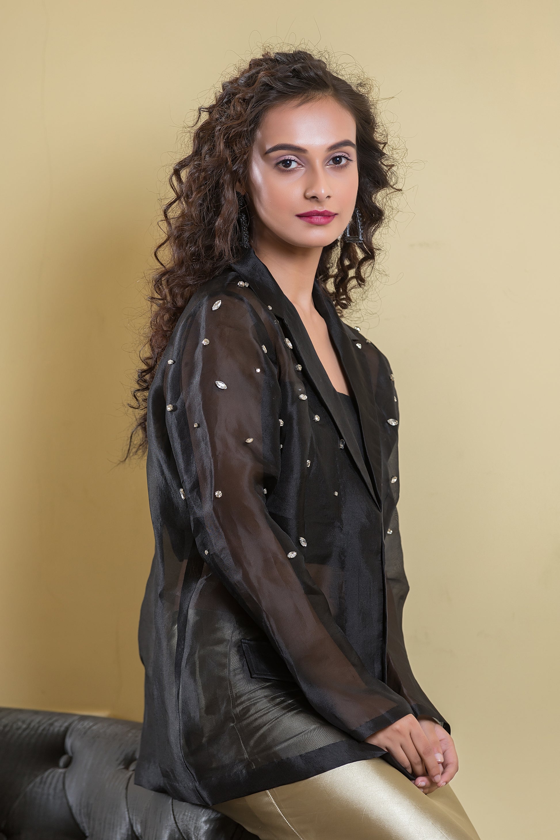 Black Organza Stud Jacket with Satin Midi Skirt