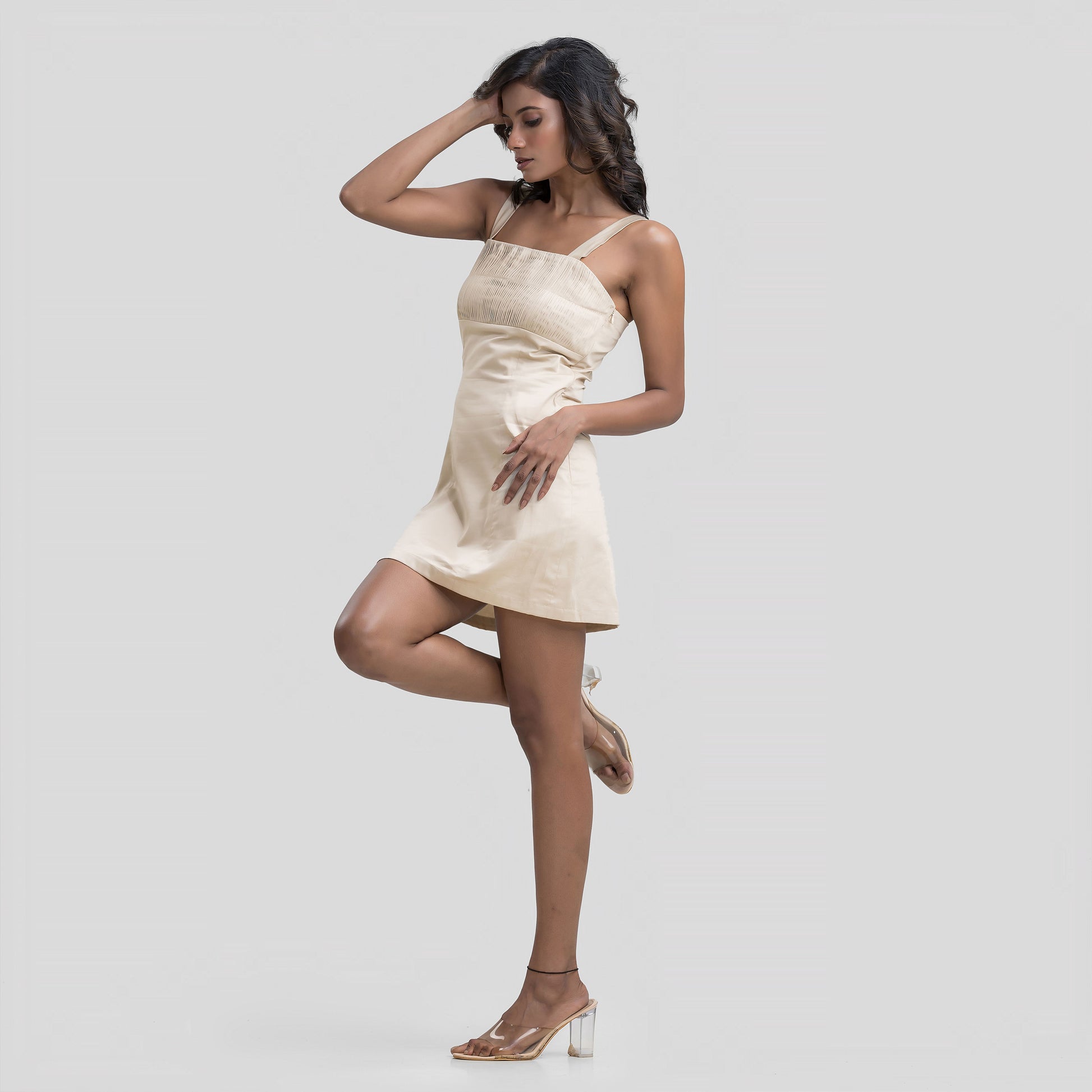 Beige Pleated Mini Dress