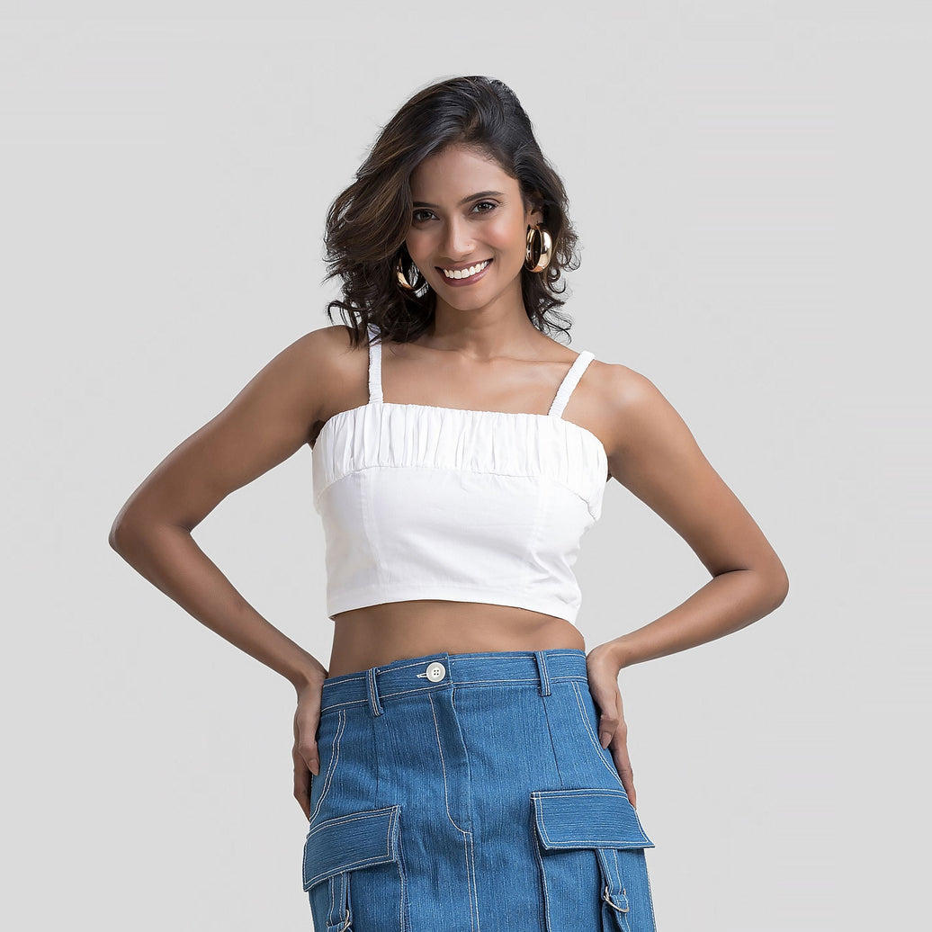 White Cotton Pleated Top