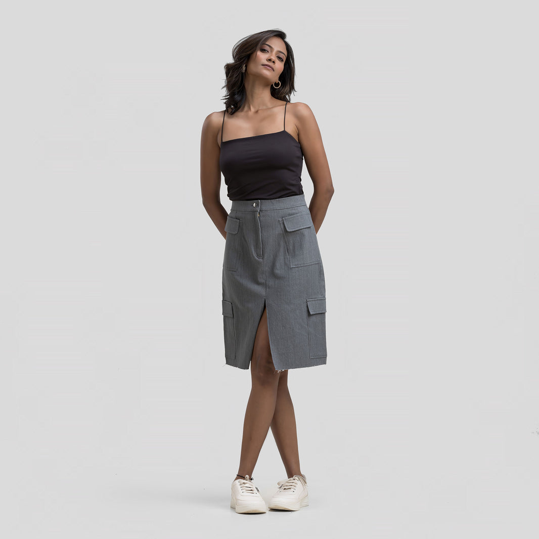 Grey Denim Cargo Skirt