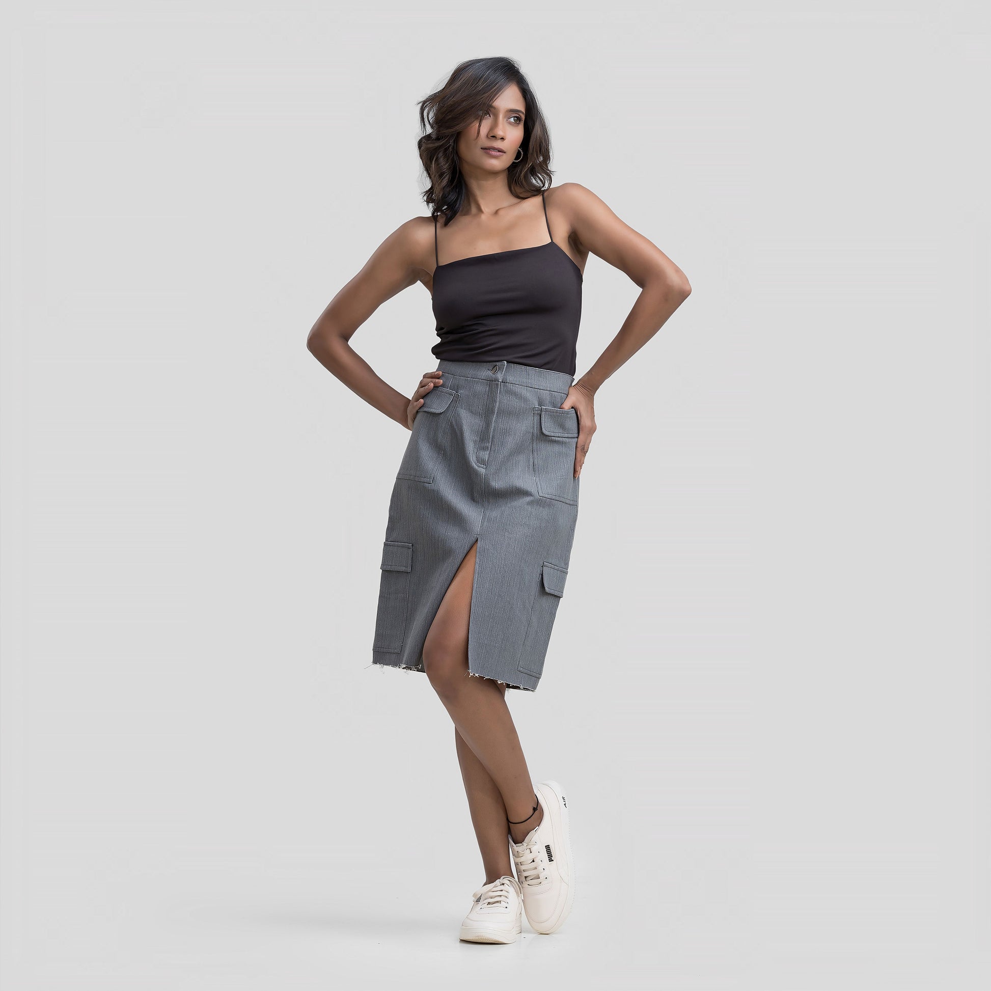 Grey Denim Cargo Skirt
