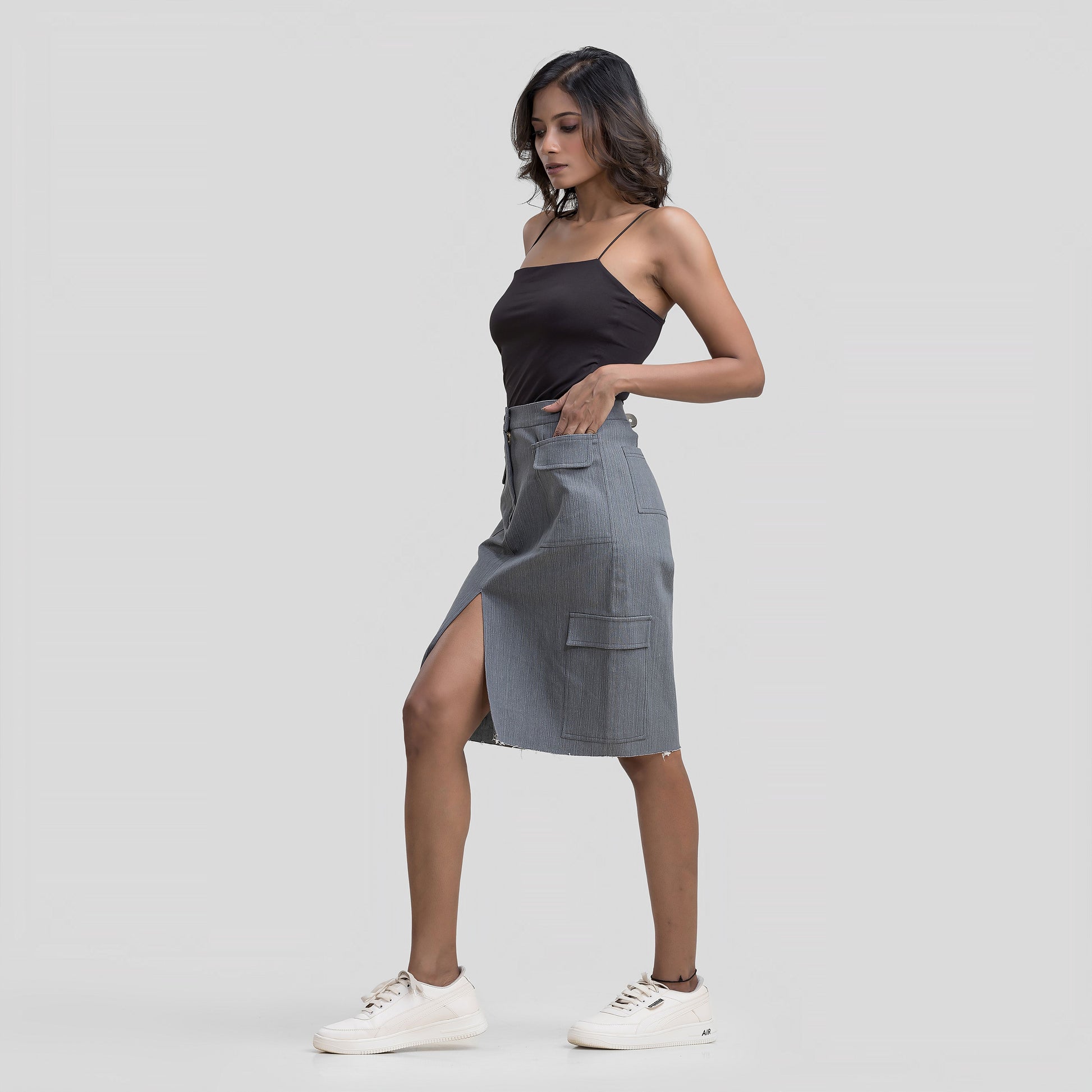 Grey Denim Cargo Skirt