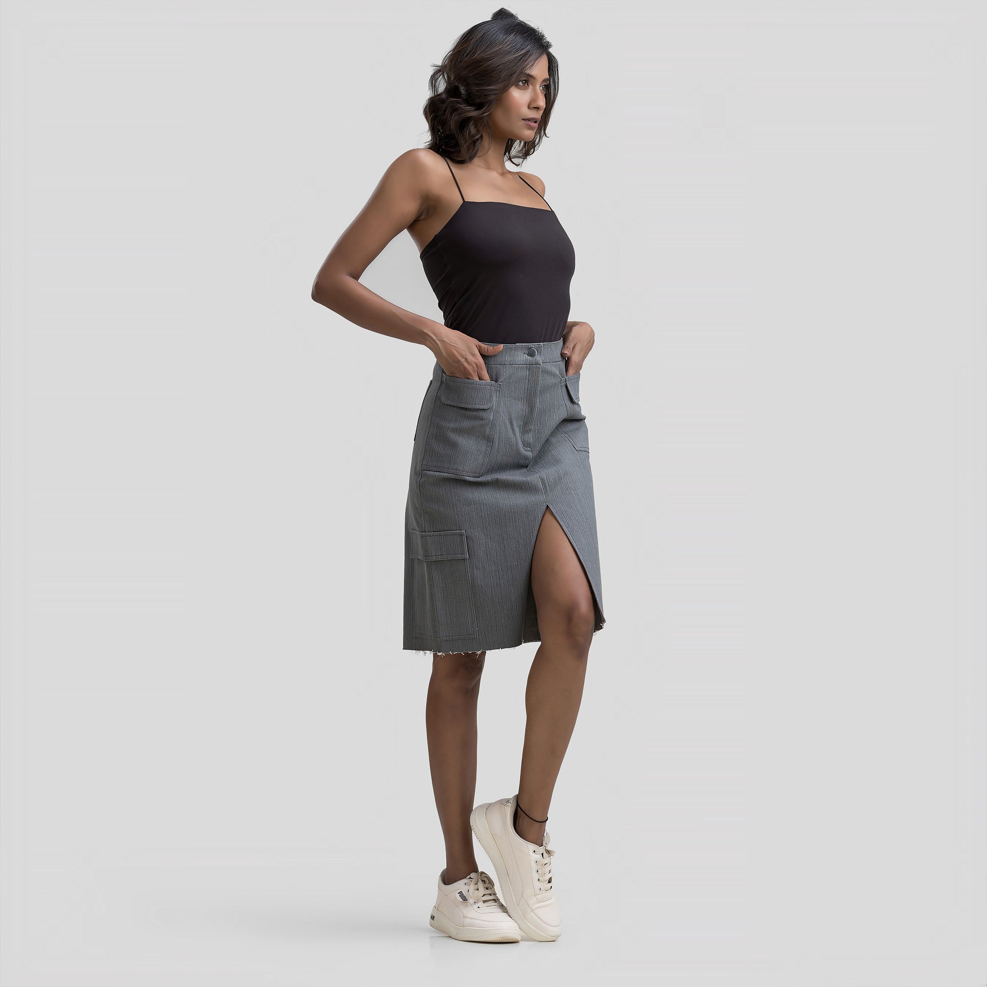 Grey Denim Cargo Skirt