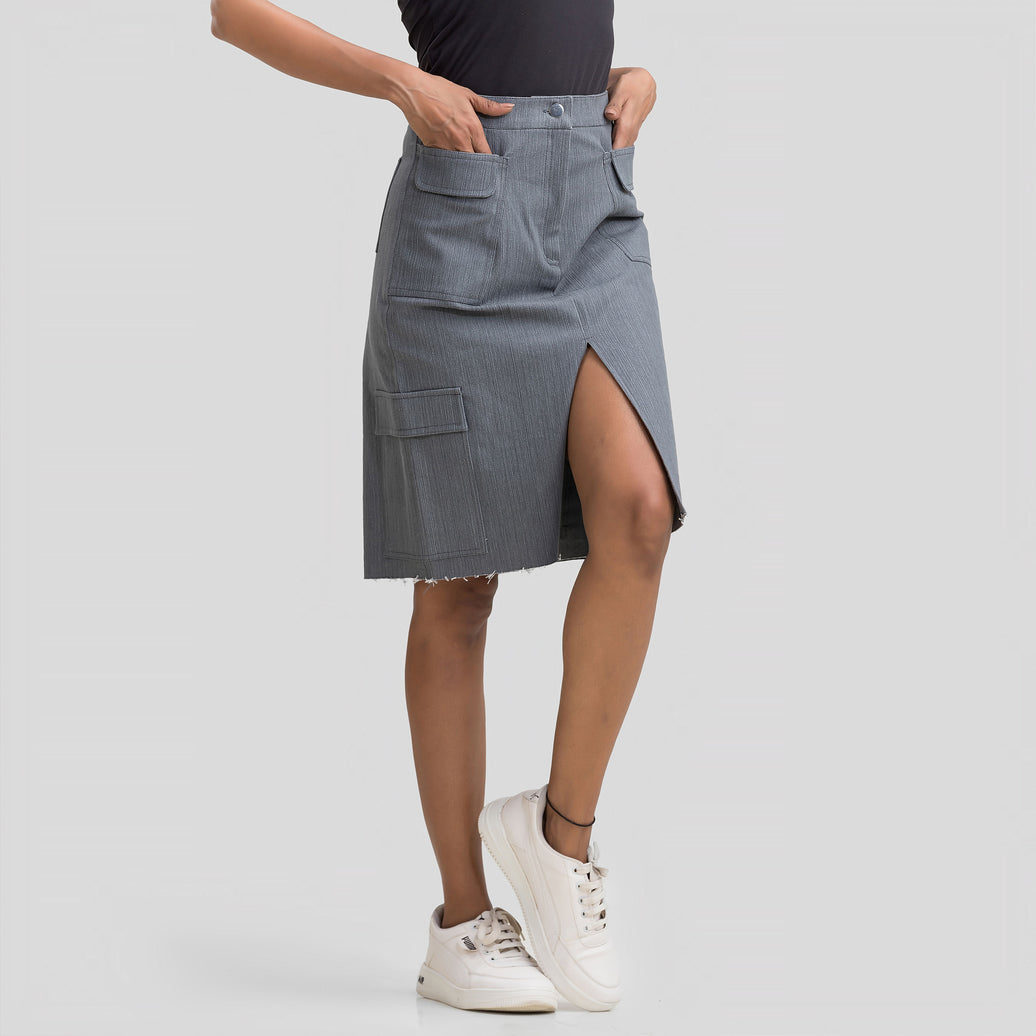 Grey Denim Cargo Skirt