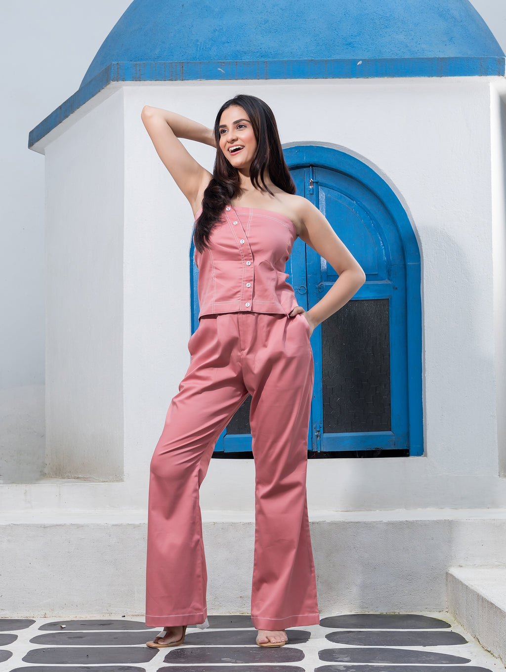 Pink Co-Ord Set with White Thread Line