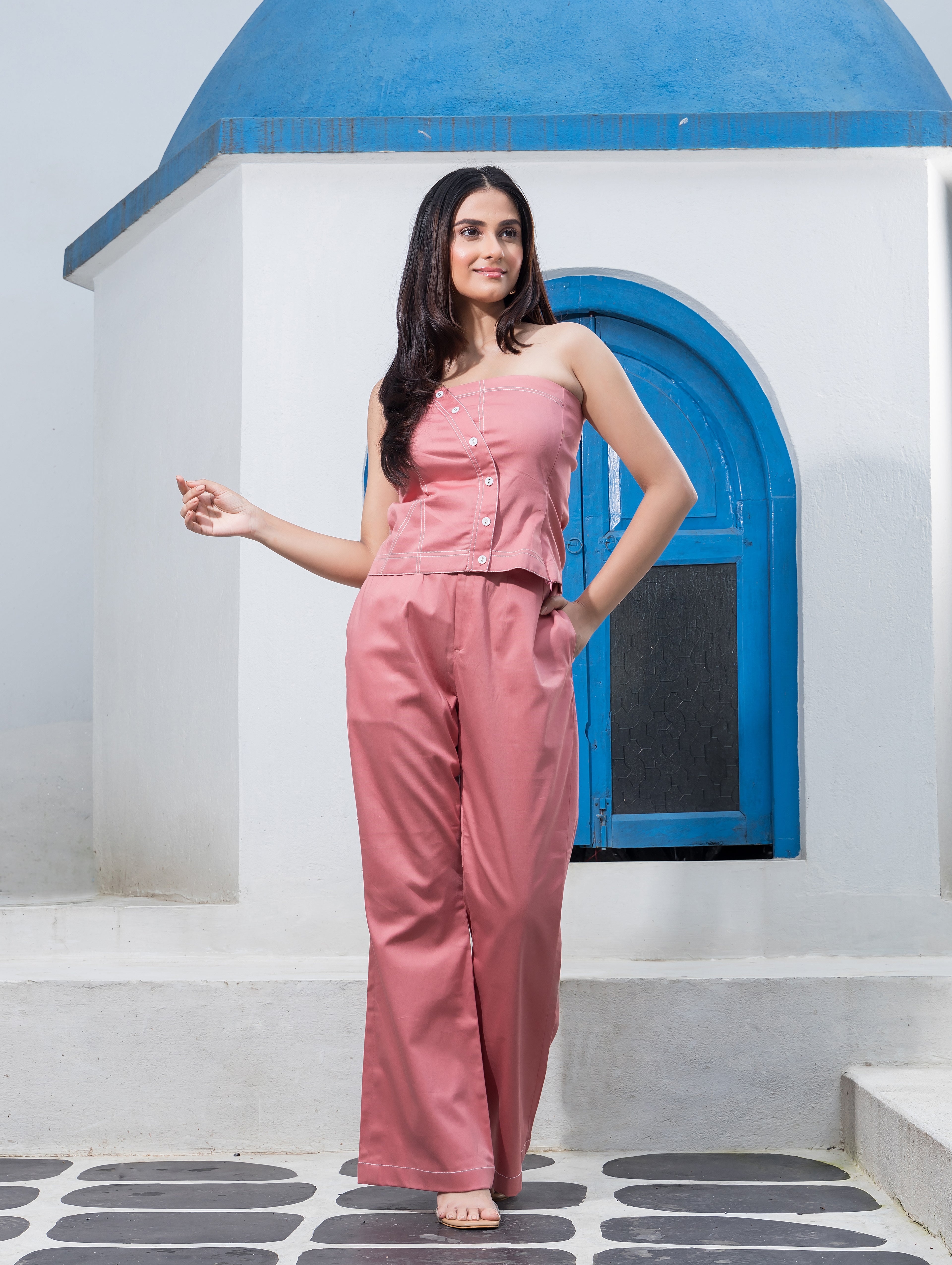 Pink Co-Ord Set with White Thread Line