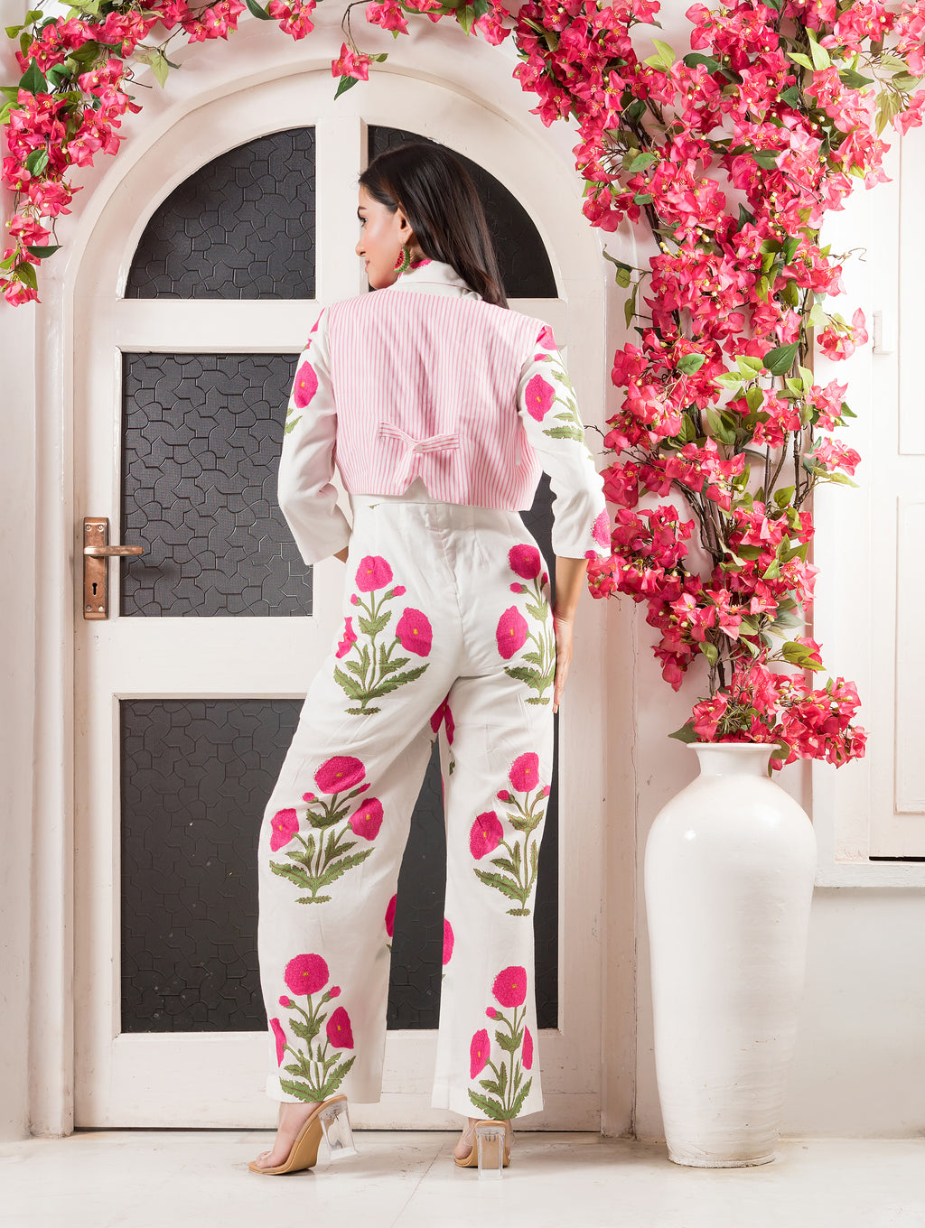 White & Pink Cotton Printed Jumpsuit with Waistcoat