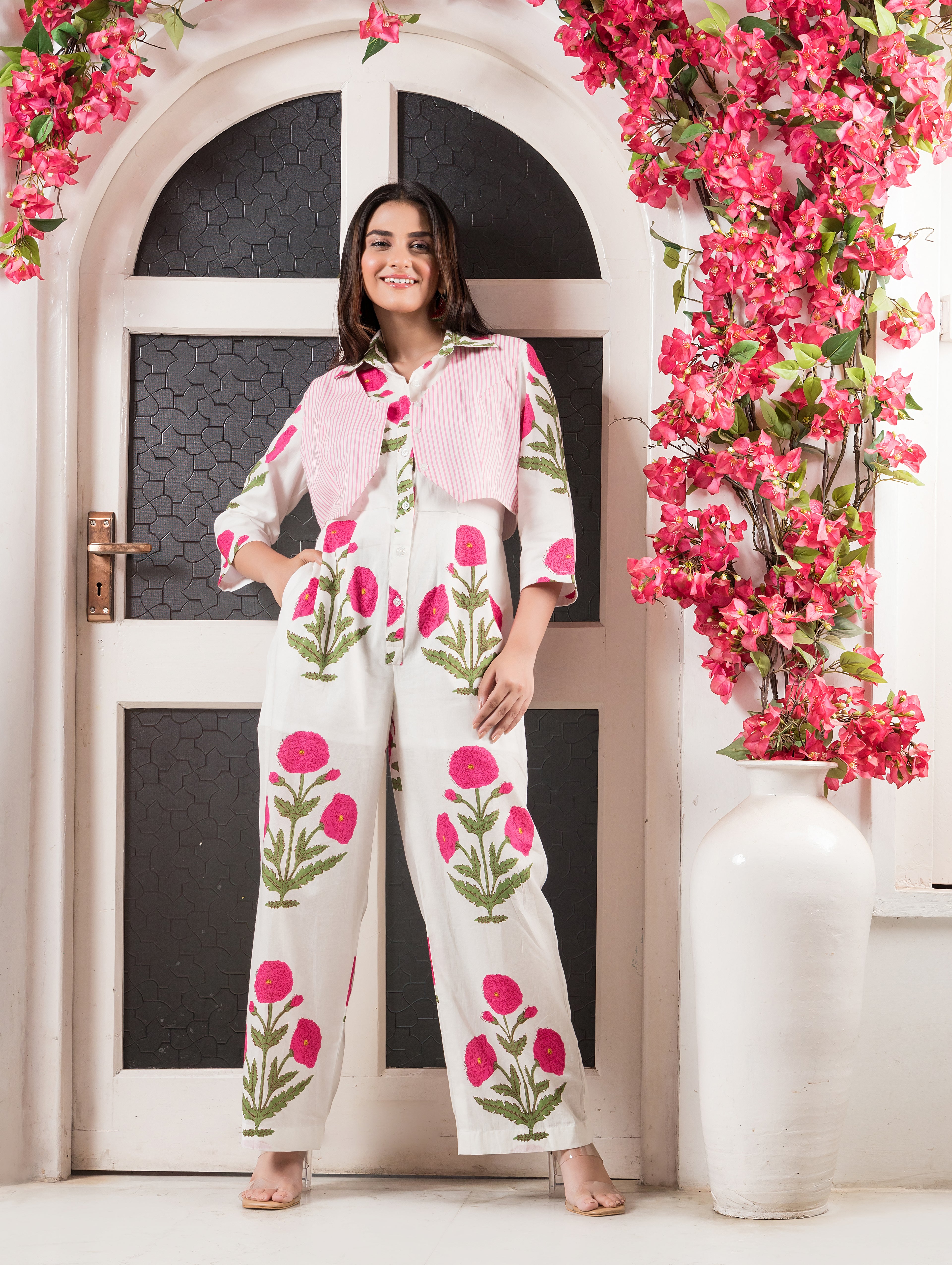 White & Pink Cotton Printed Jumpsuit with Waistcoat