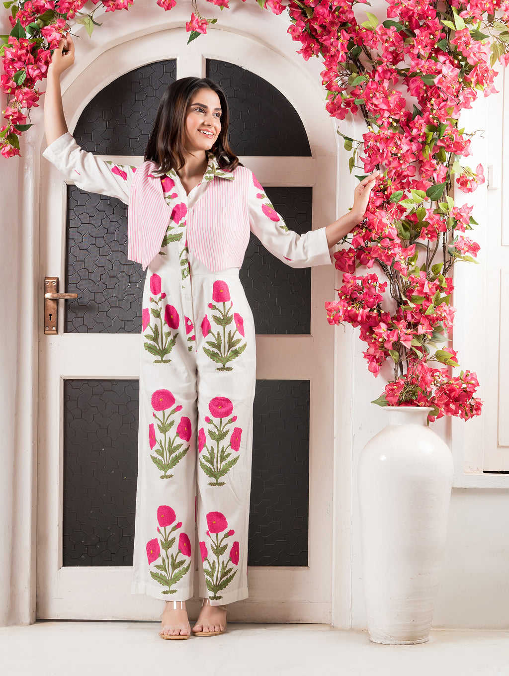 White & Pink Cotton Printed Jumpsuit with Waistcoat