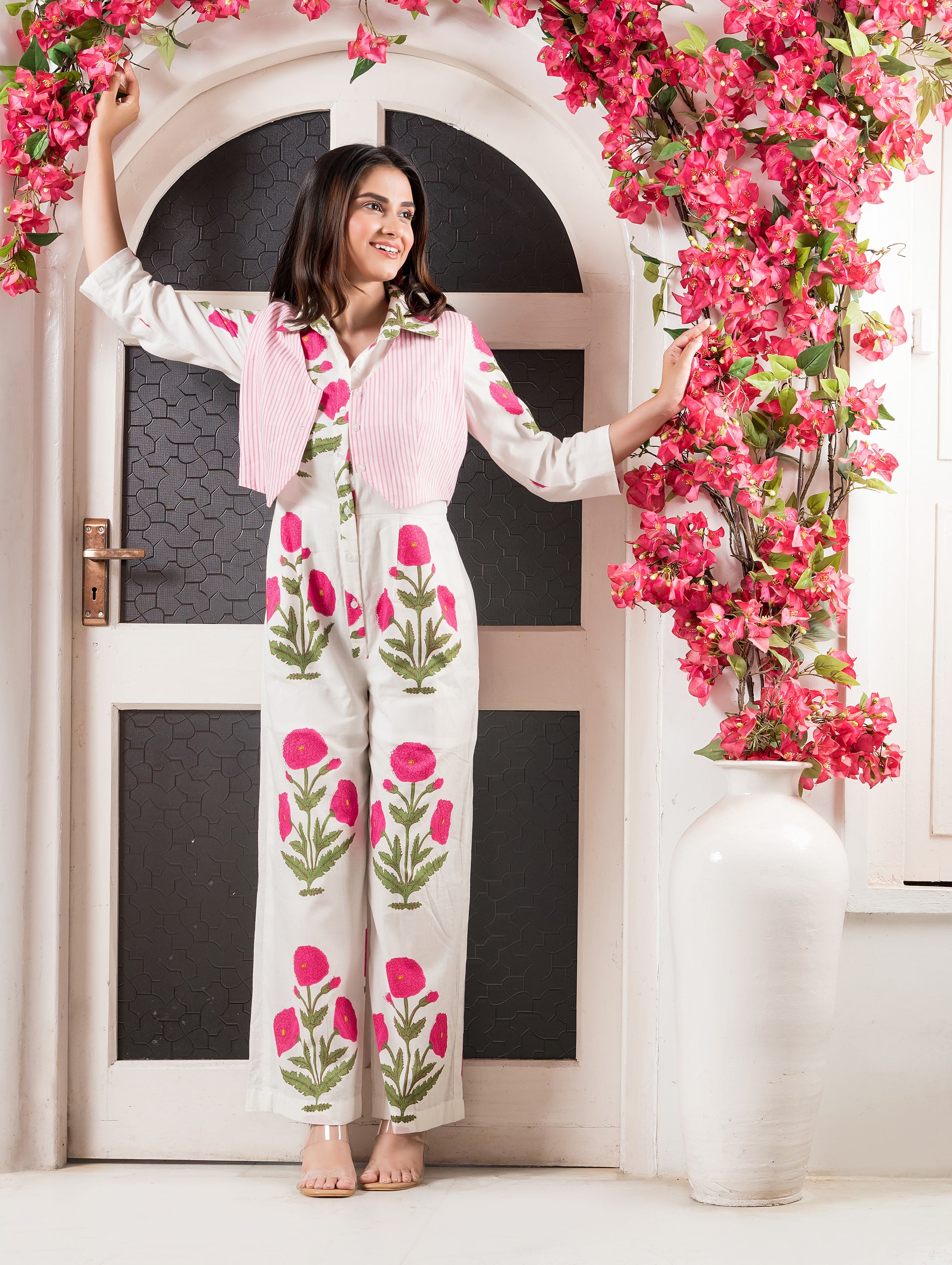 White & Pink Cotton Printed Jumpsuit with Waistcoat