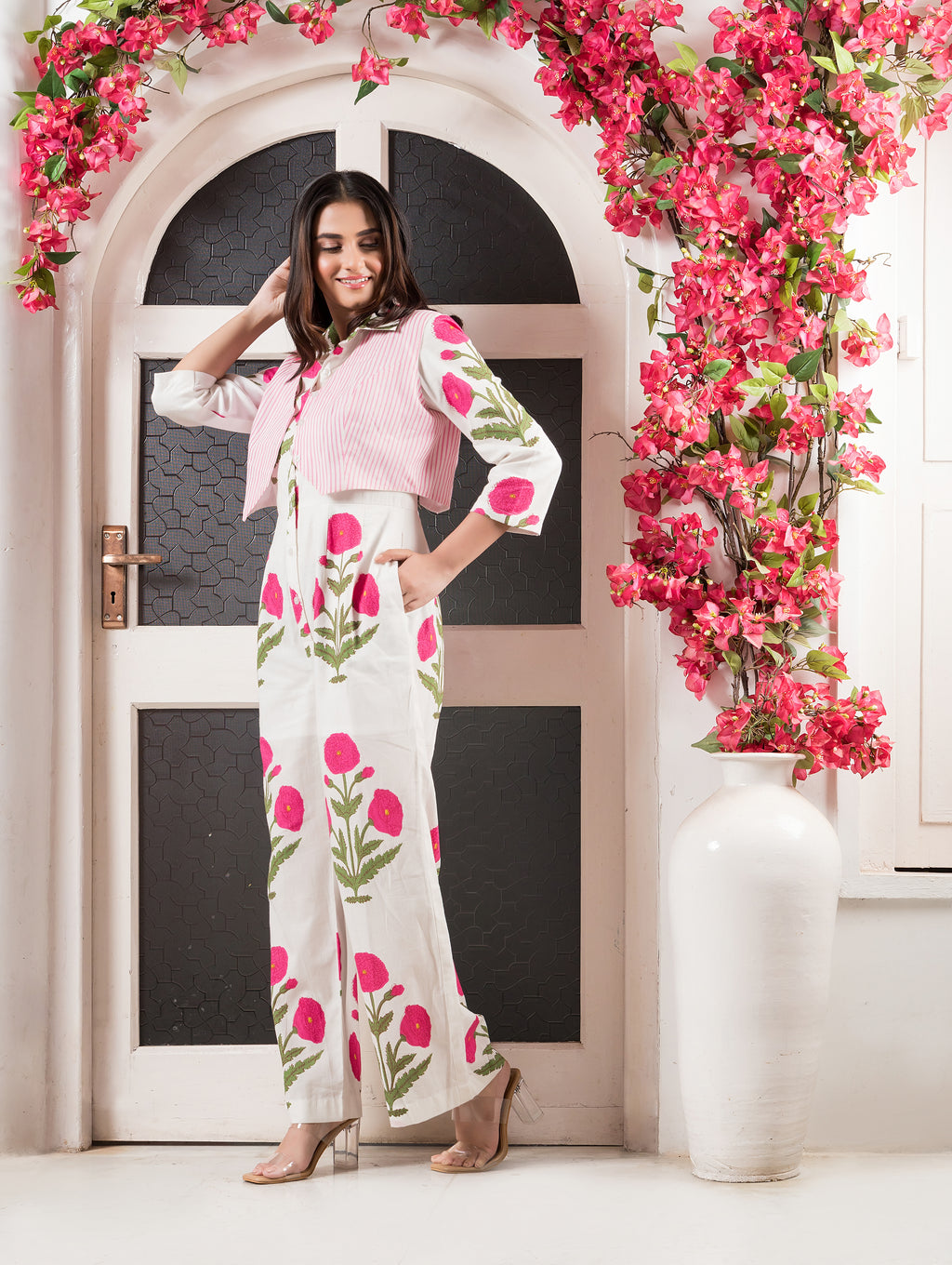 White & Pink Cotton Printed Jumpsuit with Waistcoat