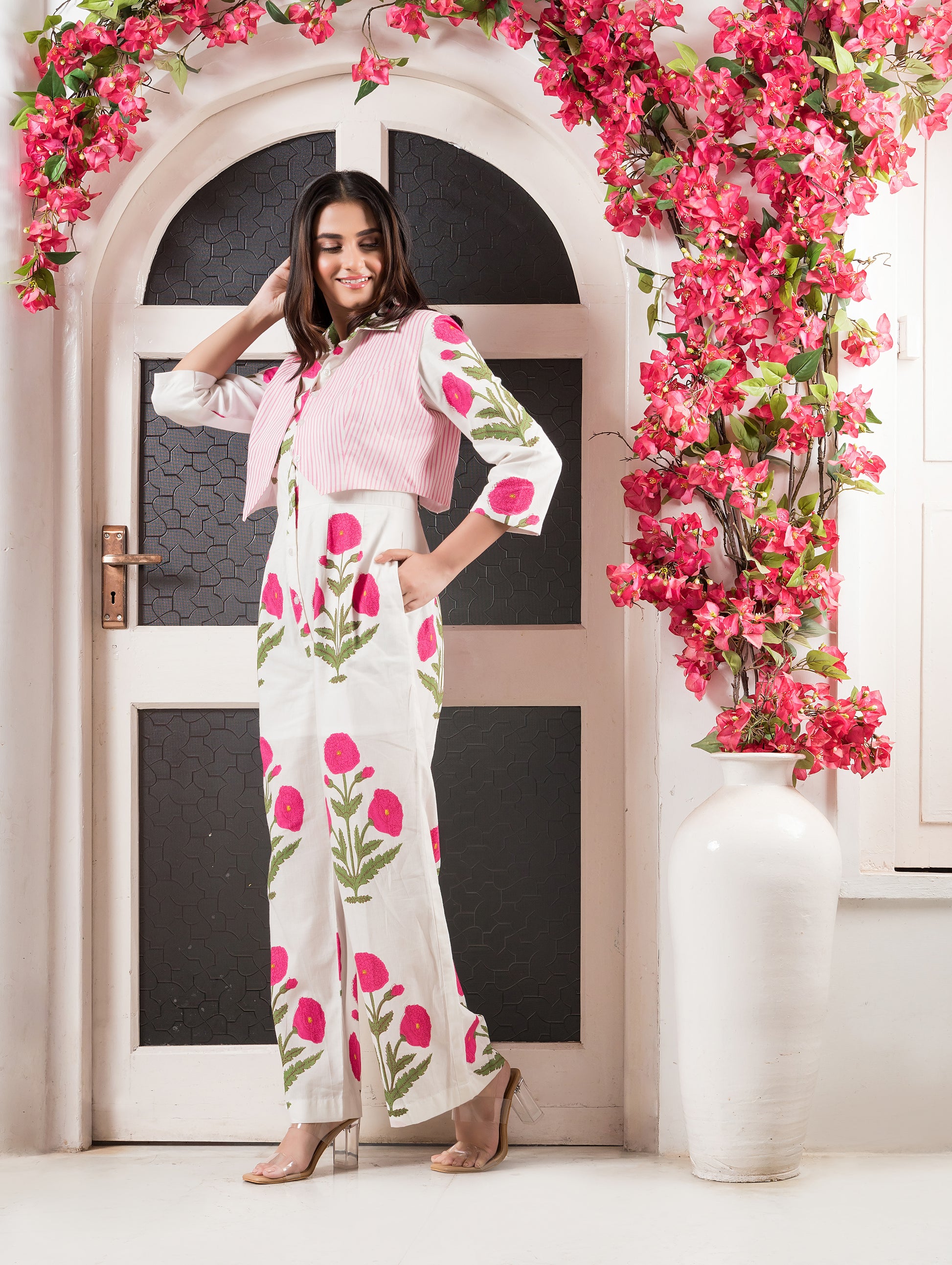 White & Pink Cotton Printed Jumpsuit with Waistcoat