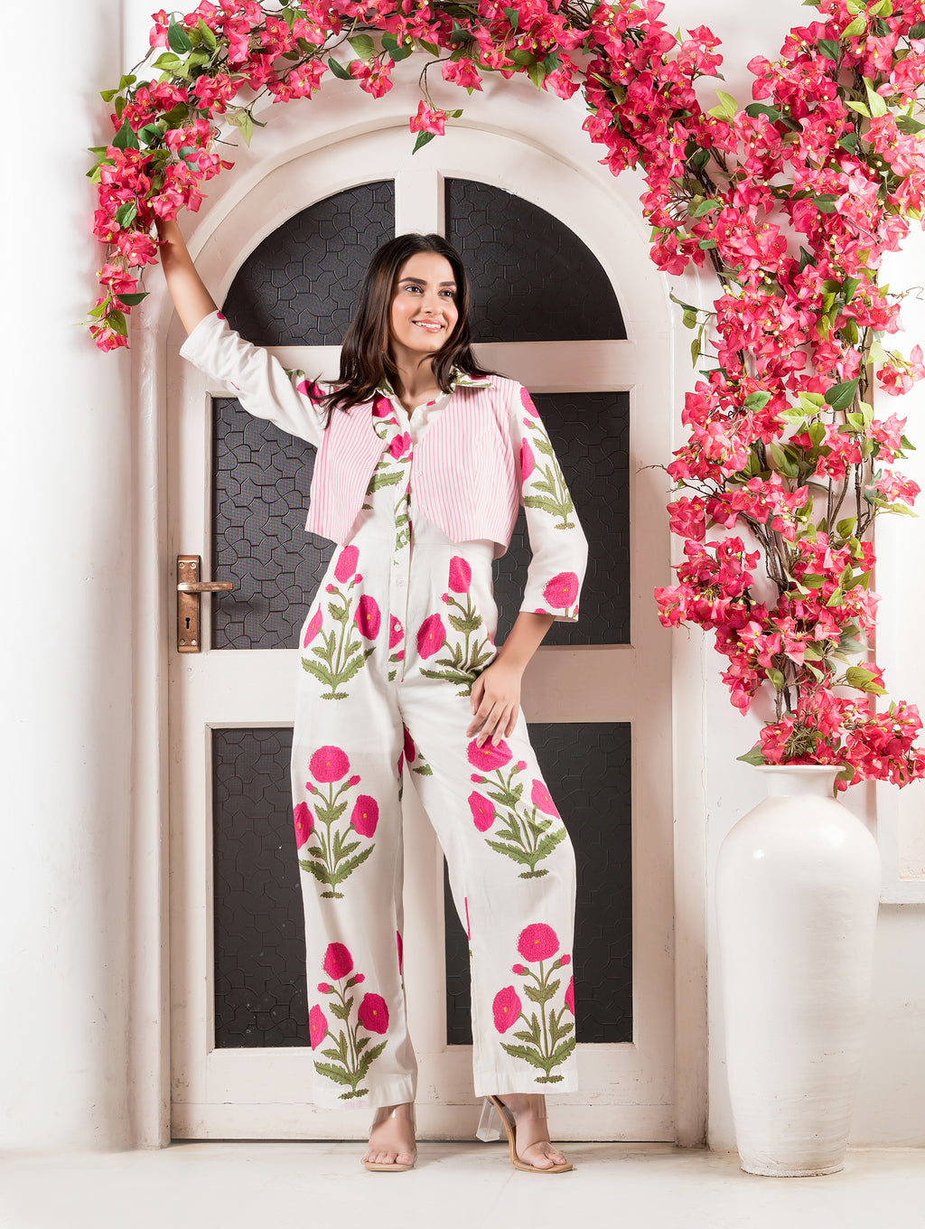 White & Pink Cotton Printed Jumpsuit with Waistcoat