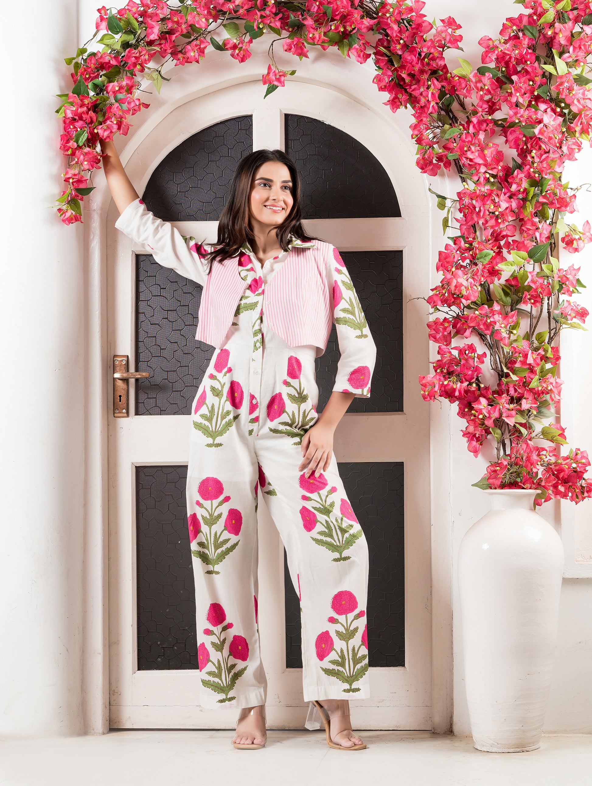 White & Pink Cotton Printed Jumpsuit with Waistcoat