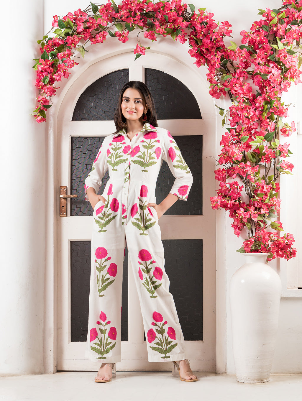 White & Pink Cotton Printed Jumpsuit