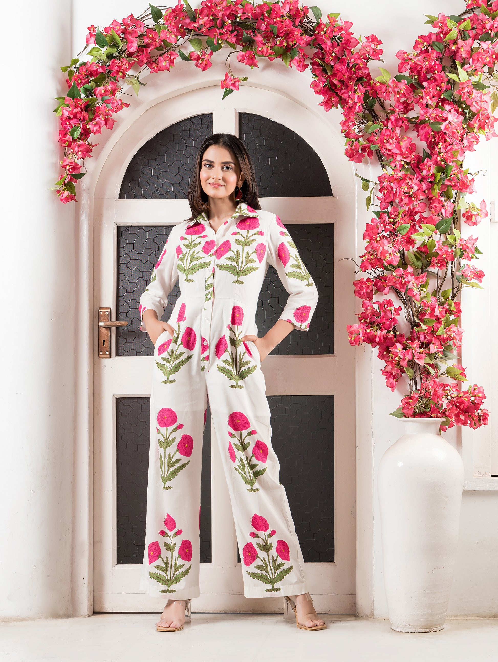 White & Pink Cotton Printed Jumpsuit
