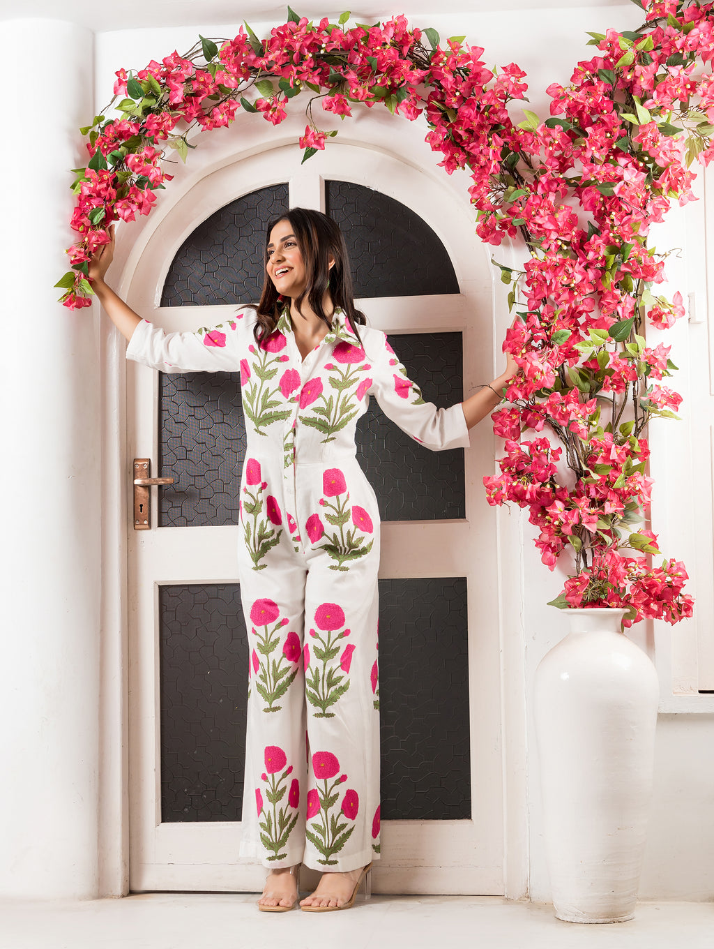 White & Pink Cotton Printed Jumpsuit