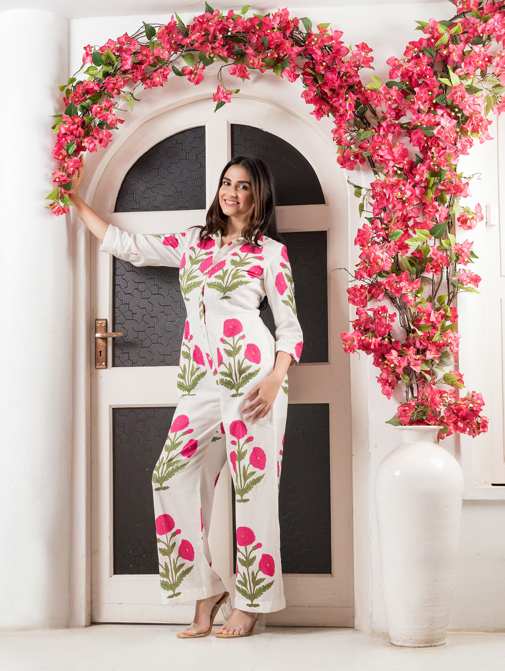 White & Pink Cotton Printed Jumpsuit