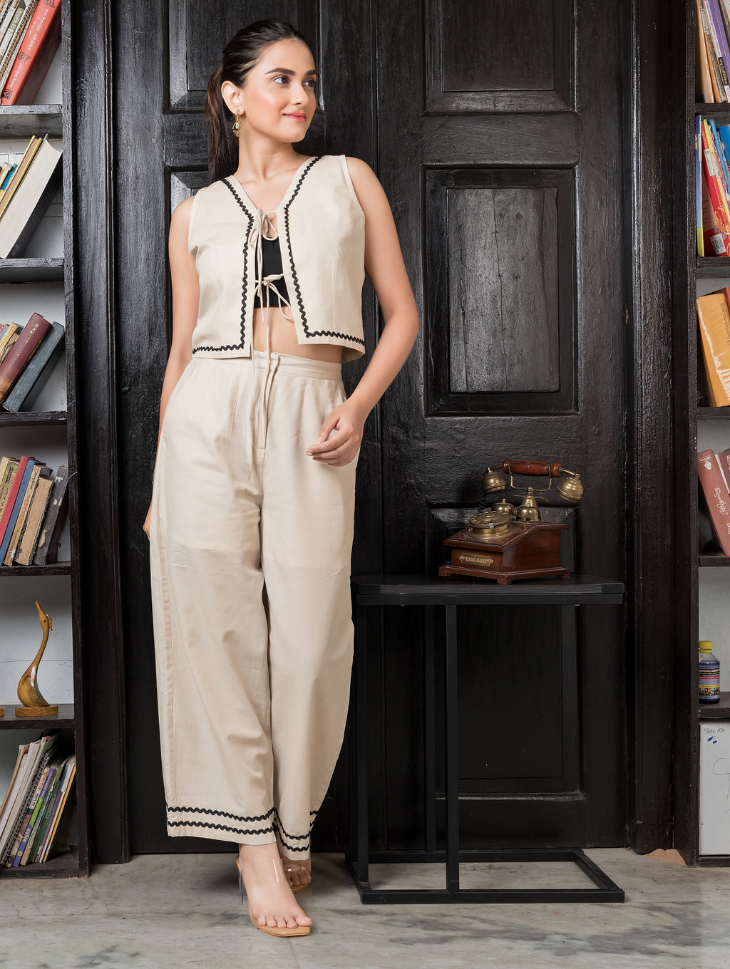 Beige & Black Front Tie on Co-Ord Set